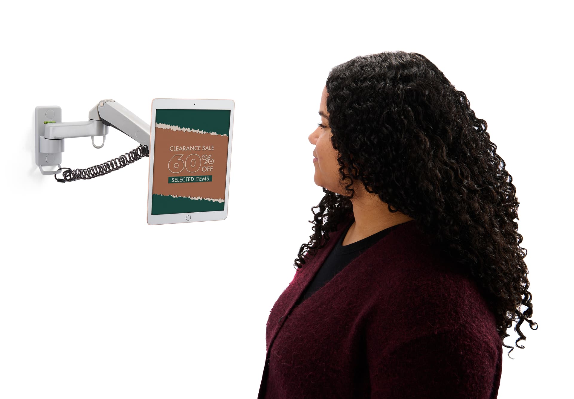 Articulating arm tablet mount with total reach of 20 inches 