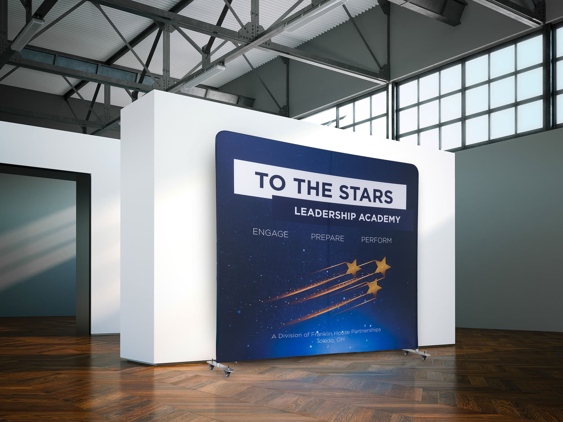 Large custom tension fabric backdrop measures 95 inches tall 