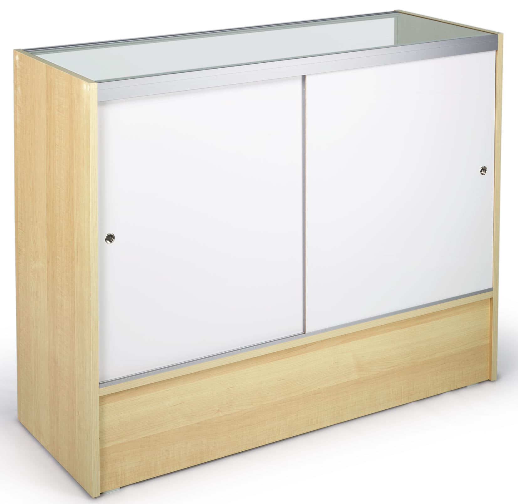 Maple Melamine Store Display Case With Hidden Storage Area