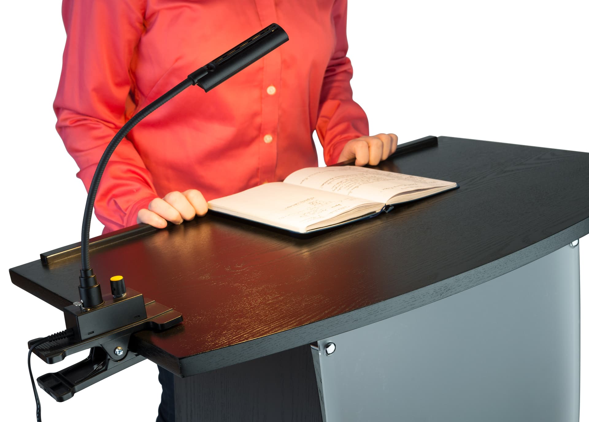 Podium light shown in use on black lectern