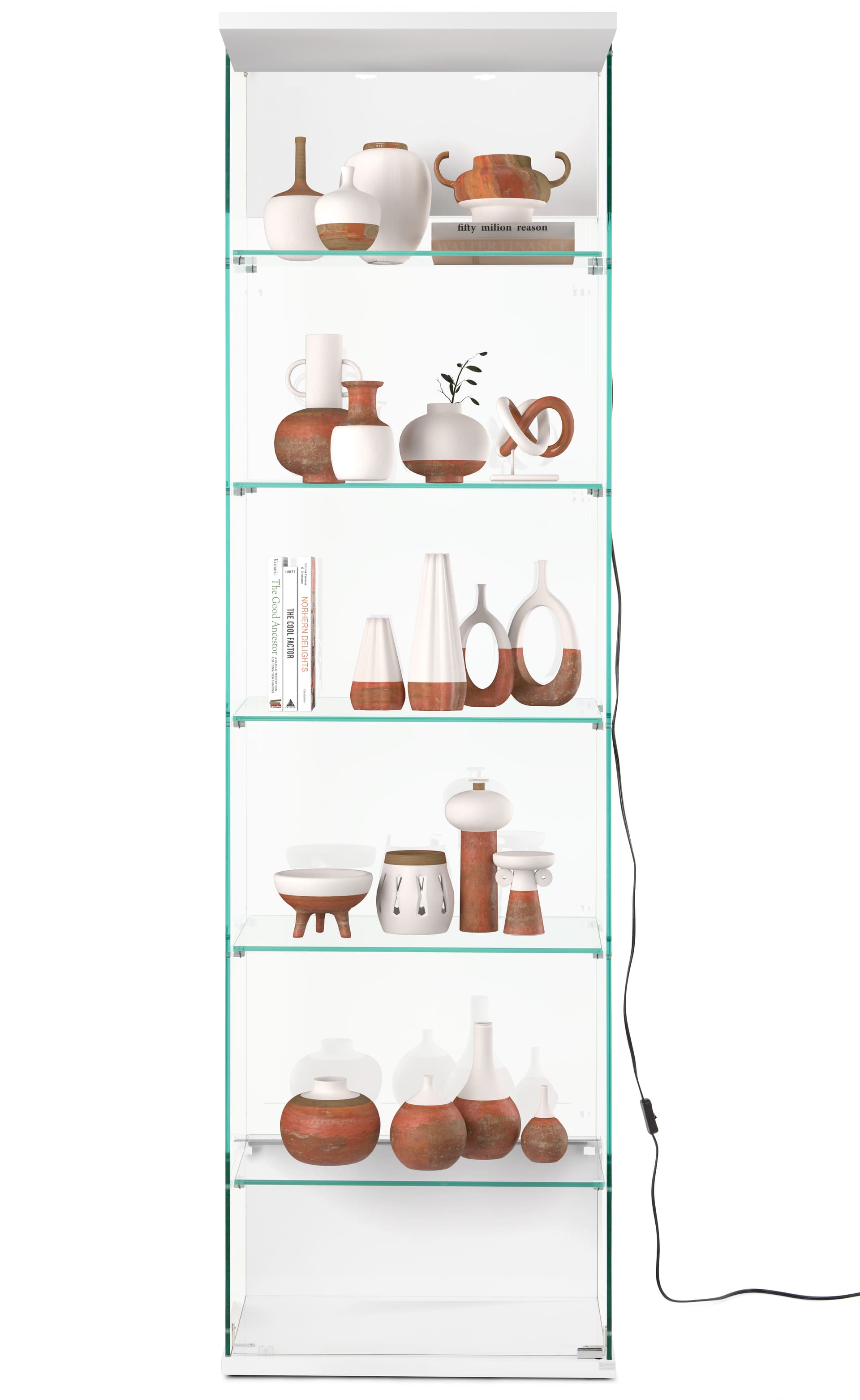 Glass curio cabinet features glass shelves with 44 lb weight capacity