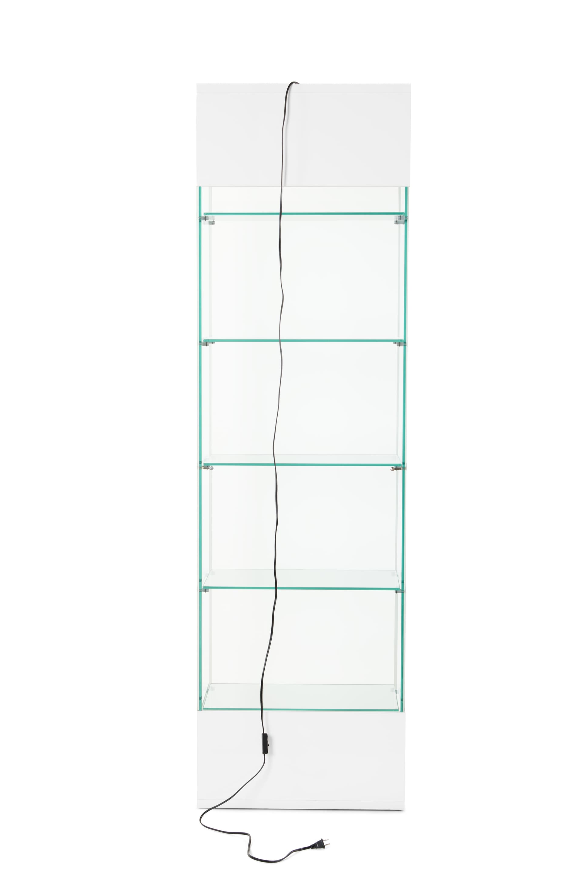 Glass curio cabinet with power cord positioned at the top of the unit
