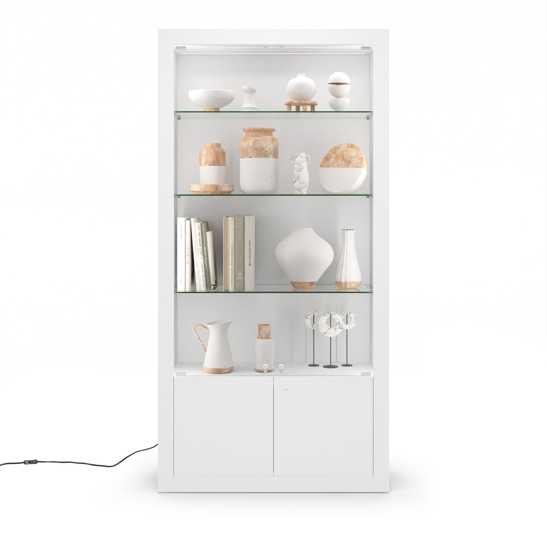 White display cabinet with glass doors and adjustable shelves