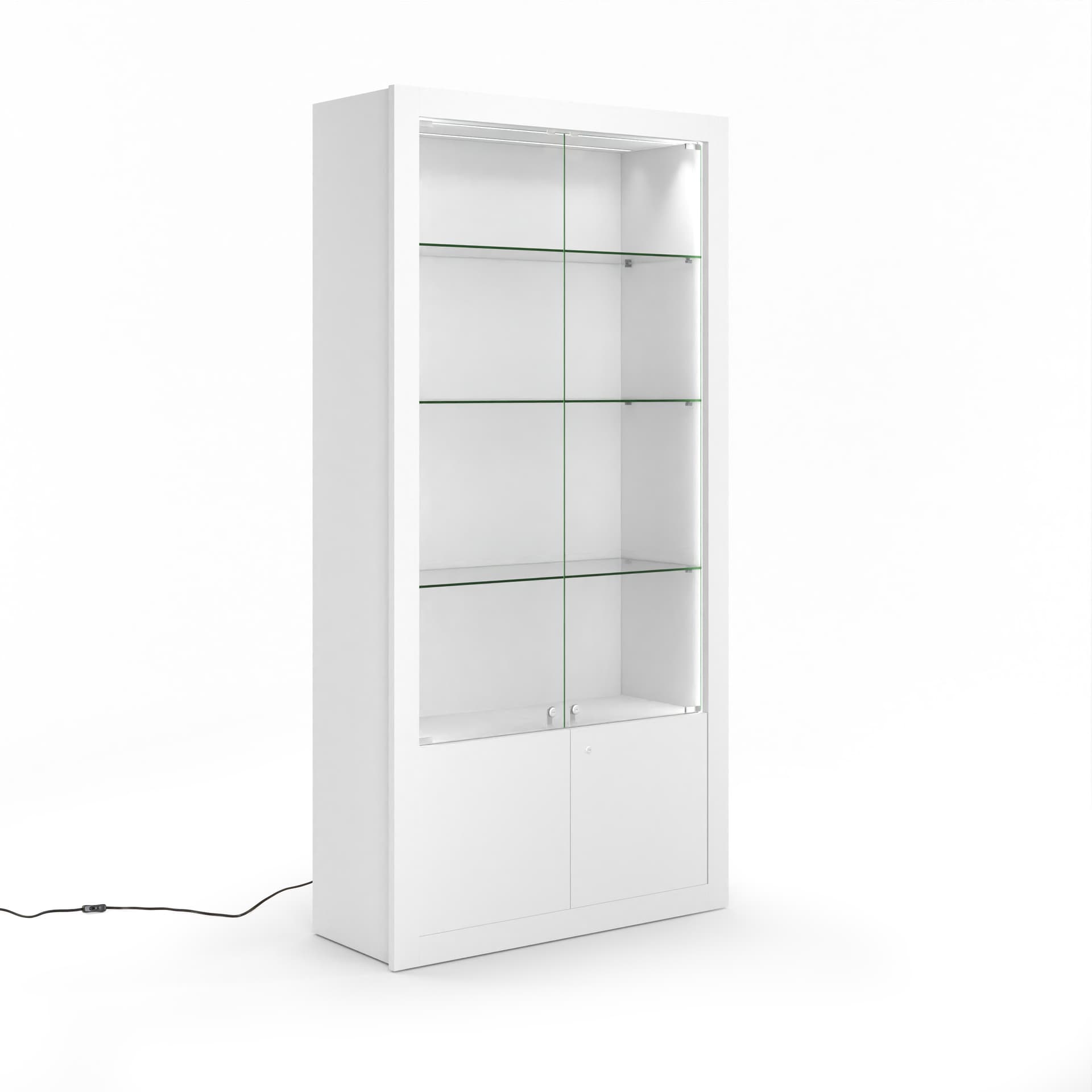 White display cabinet with glass doors and tempered glass