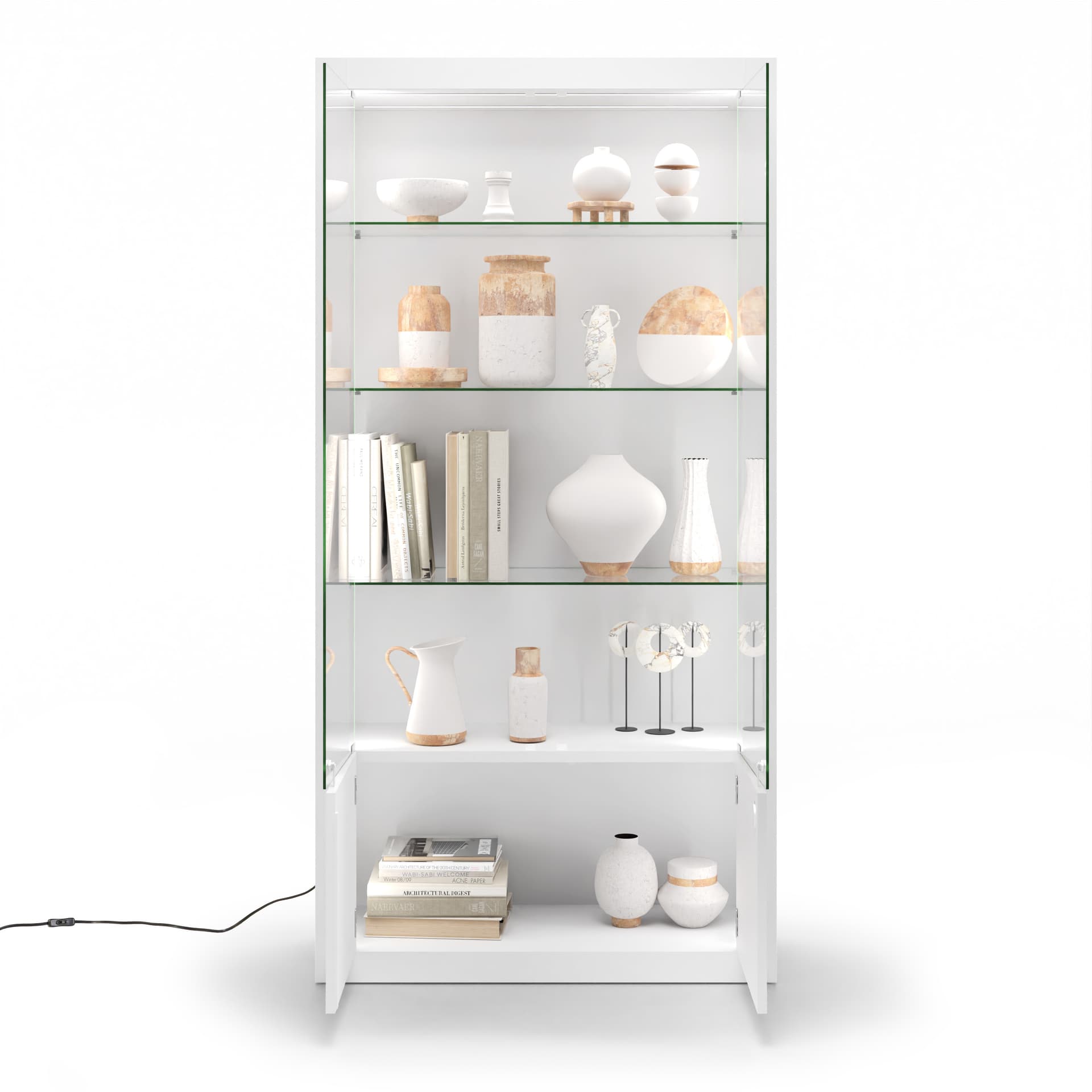 White display cabinet with glass doors and storage area