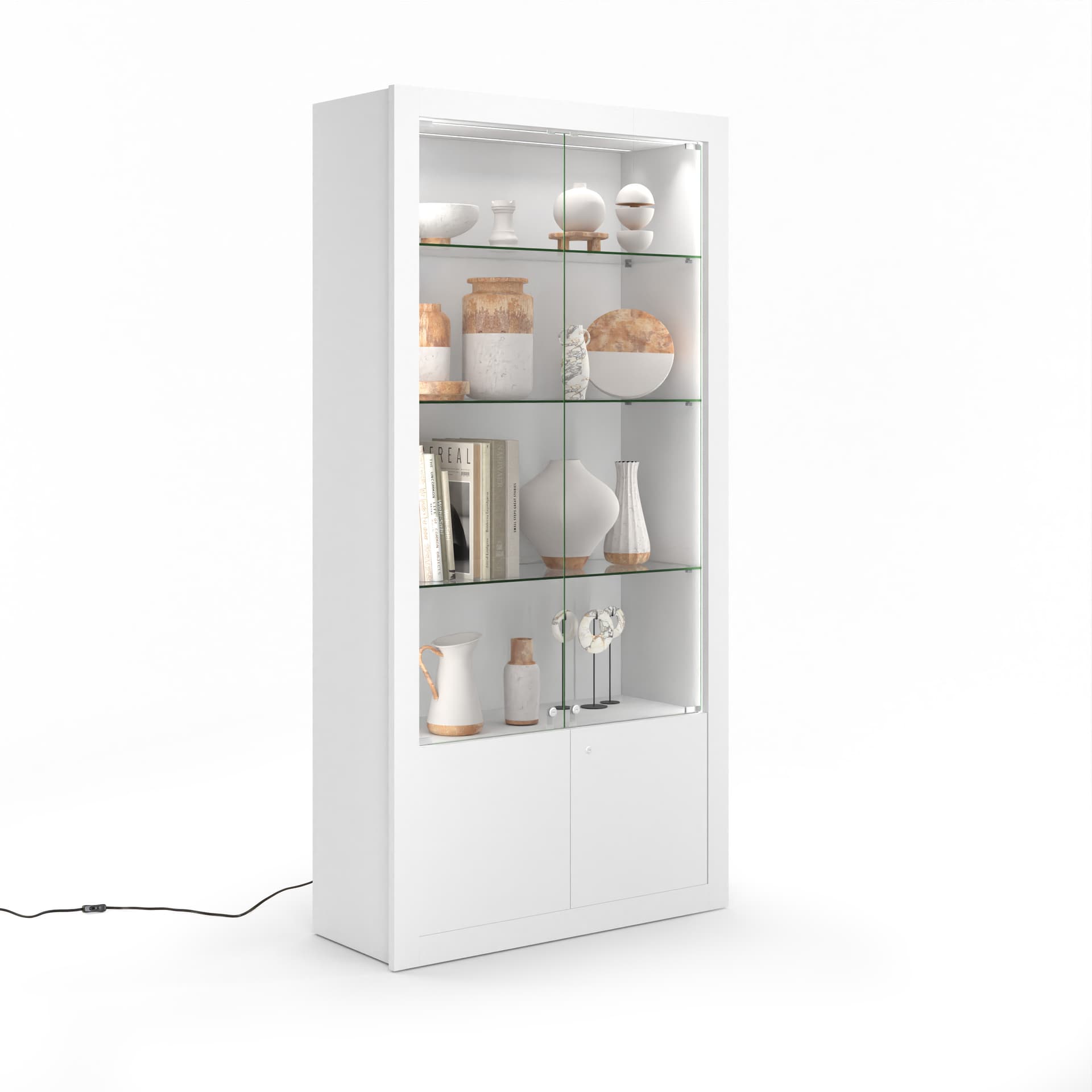 White display cabinet with glass doors LED lighting