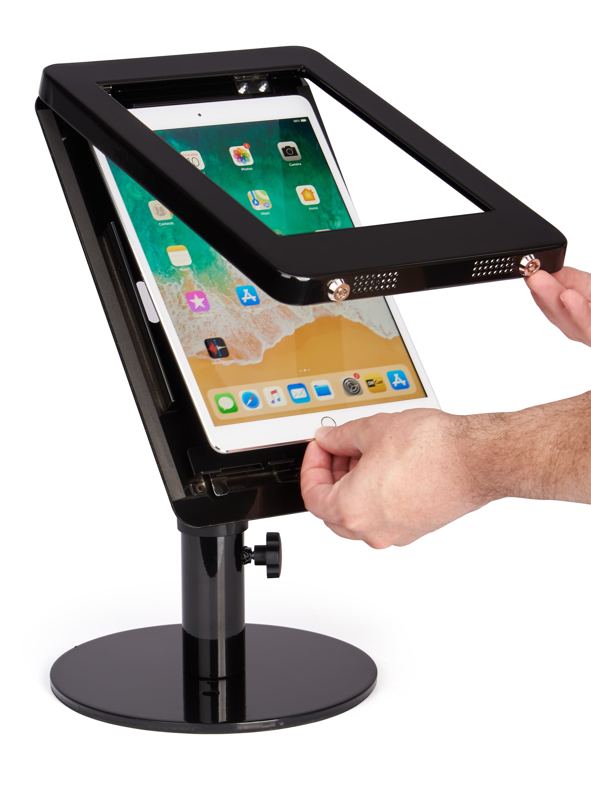 Black adjustable countertop iPad stand rotates to portrait or landscape mode