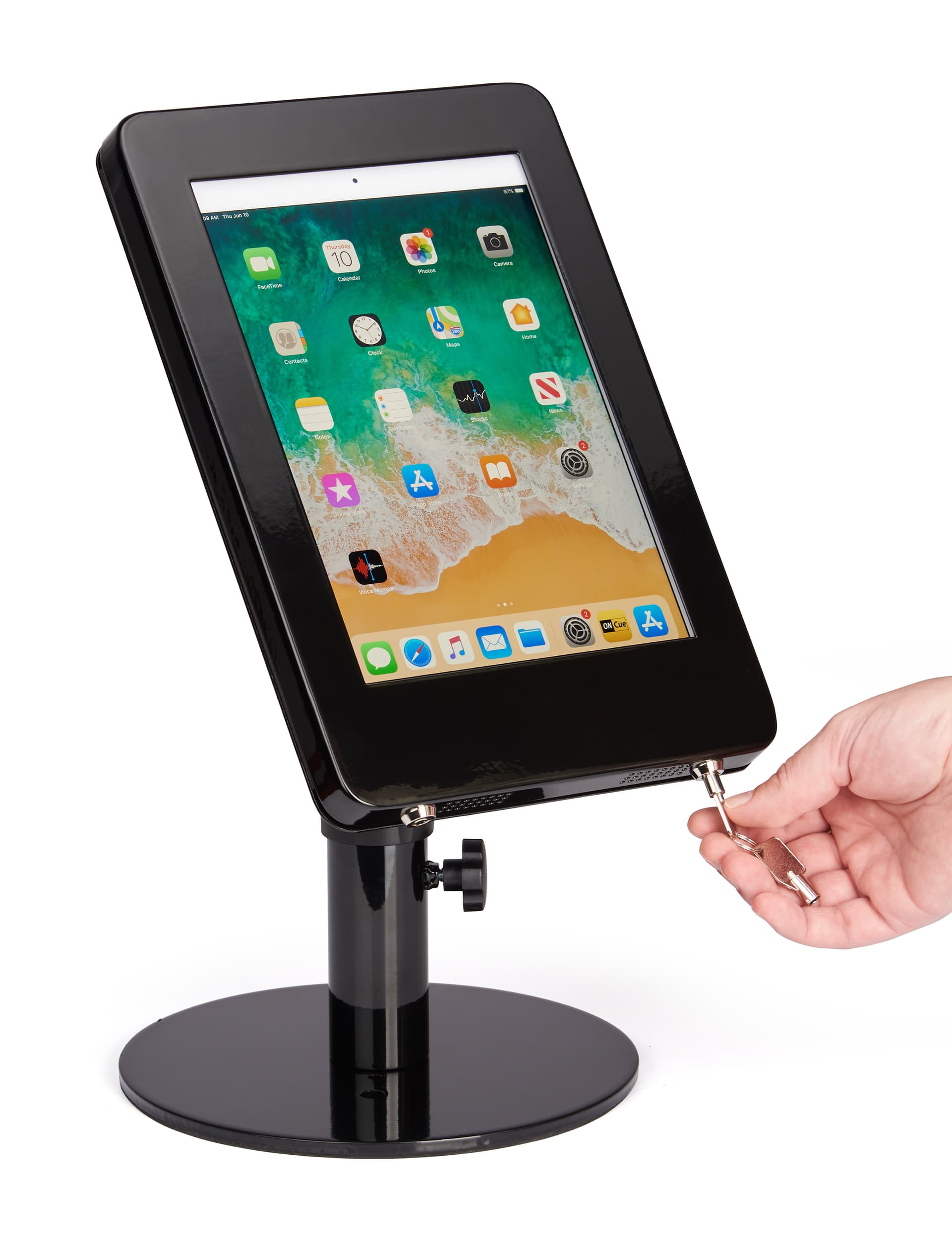 Black adjustable countertop iPad stand with dual locking enclosure and two keys