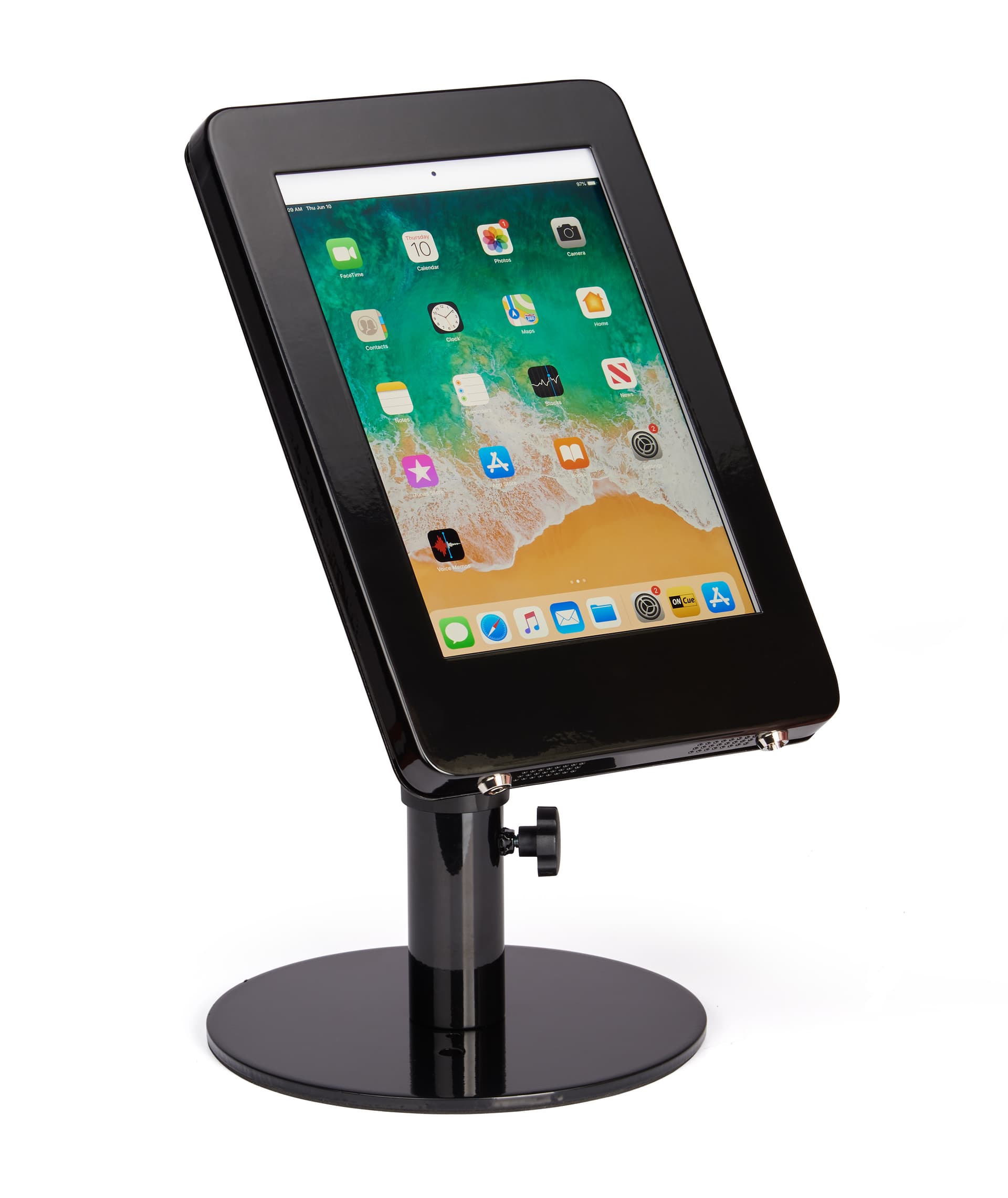 Black adjustable countertop iPad stand with powder-coated aluminum enclosure