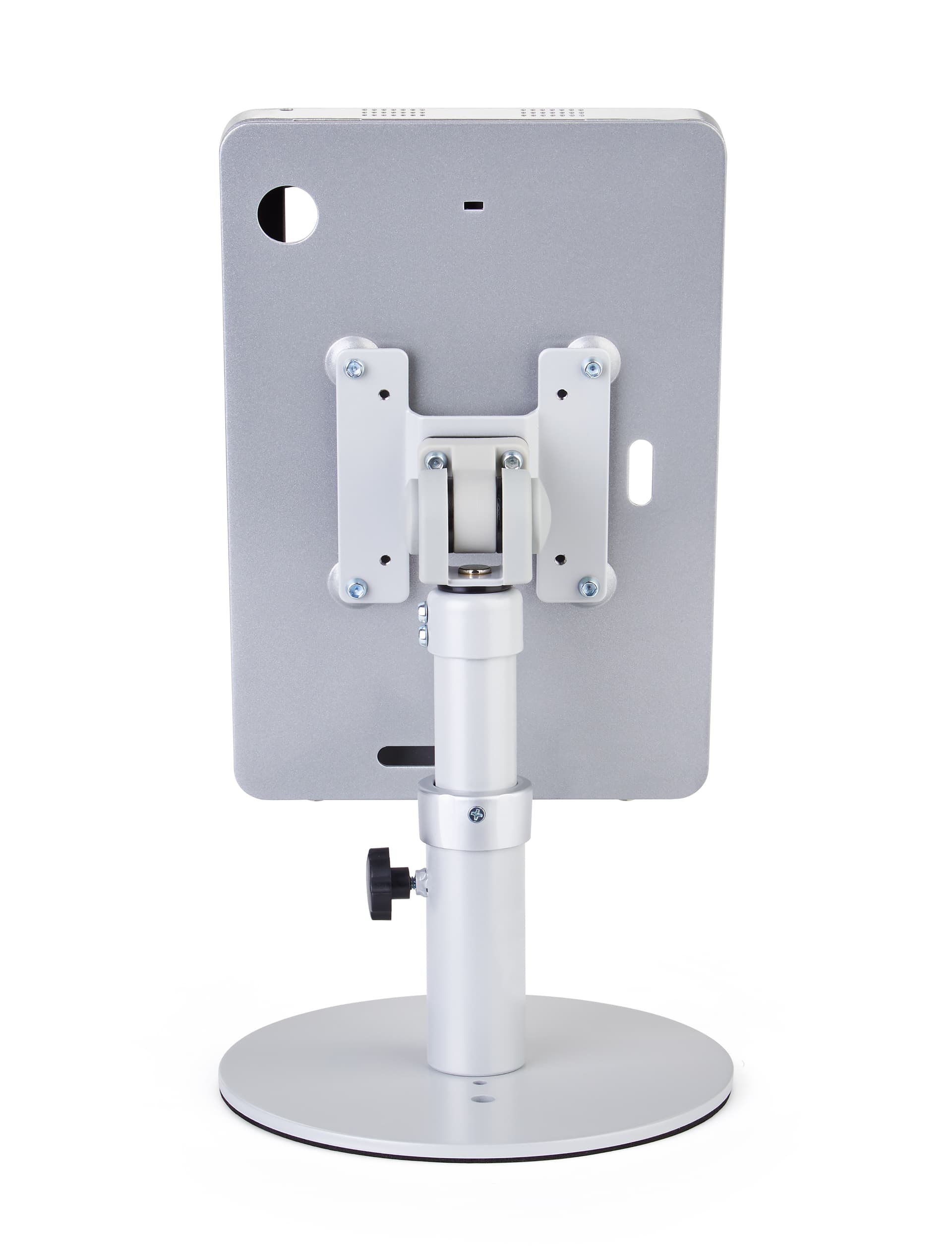 Silver adjustable countertop iPad stand with powder-coated aluminum enclosure