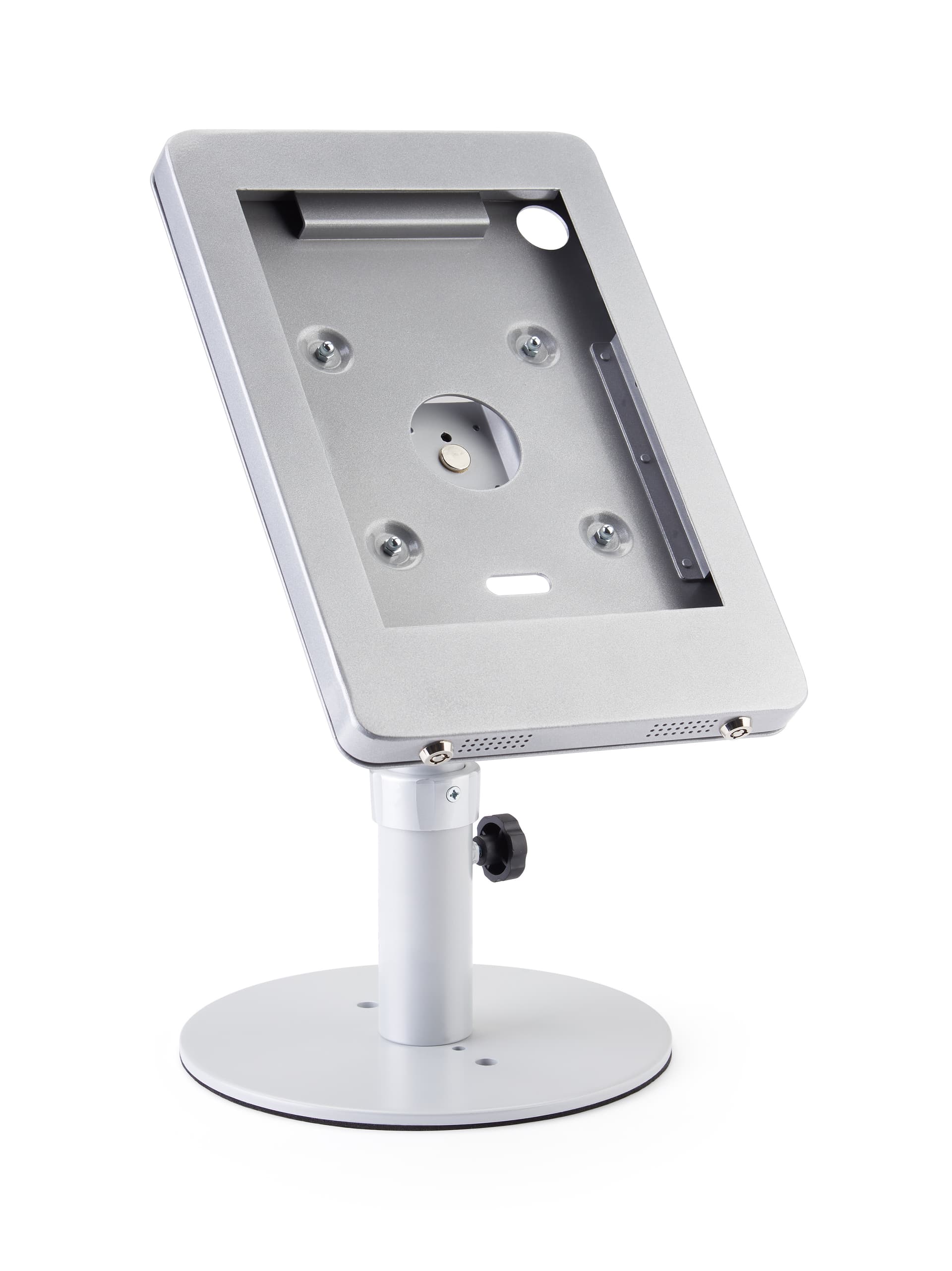 Silver adjustable countertop iPad stand with exposed holes for front and rear cameras