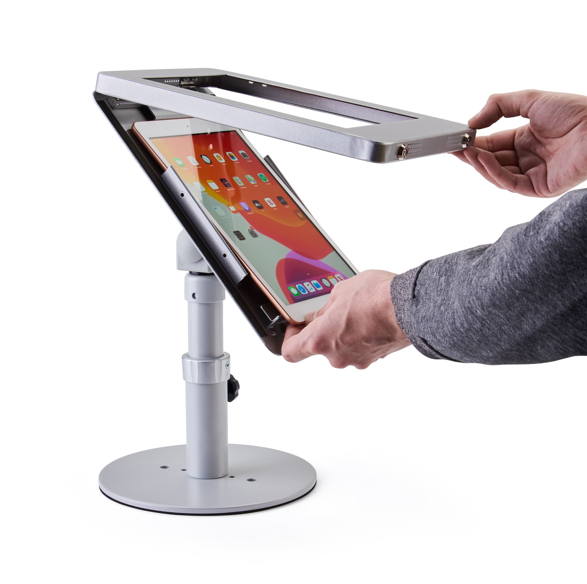 Silver adjustable countertop iPad stand with weighted anti-slip base