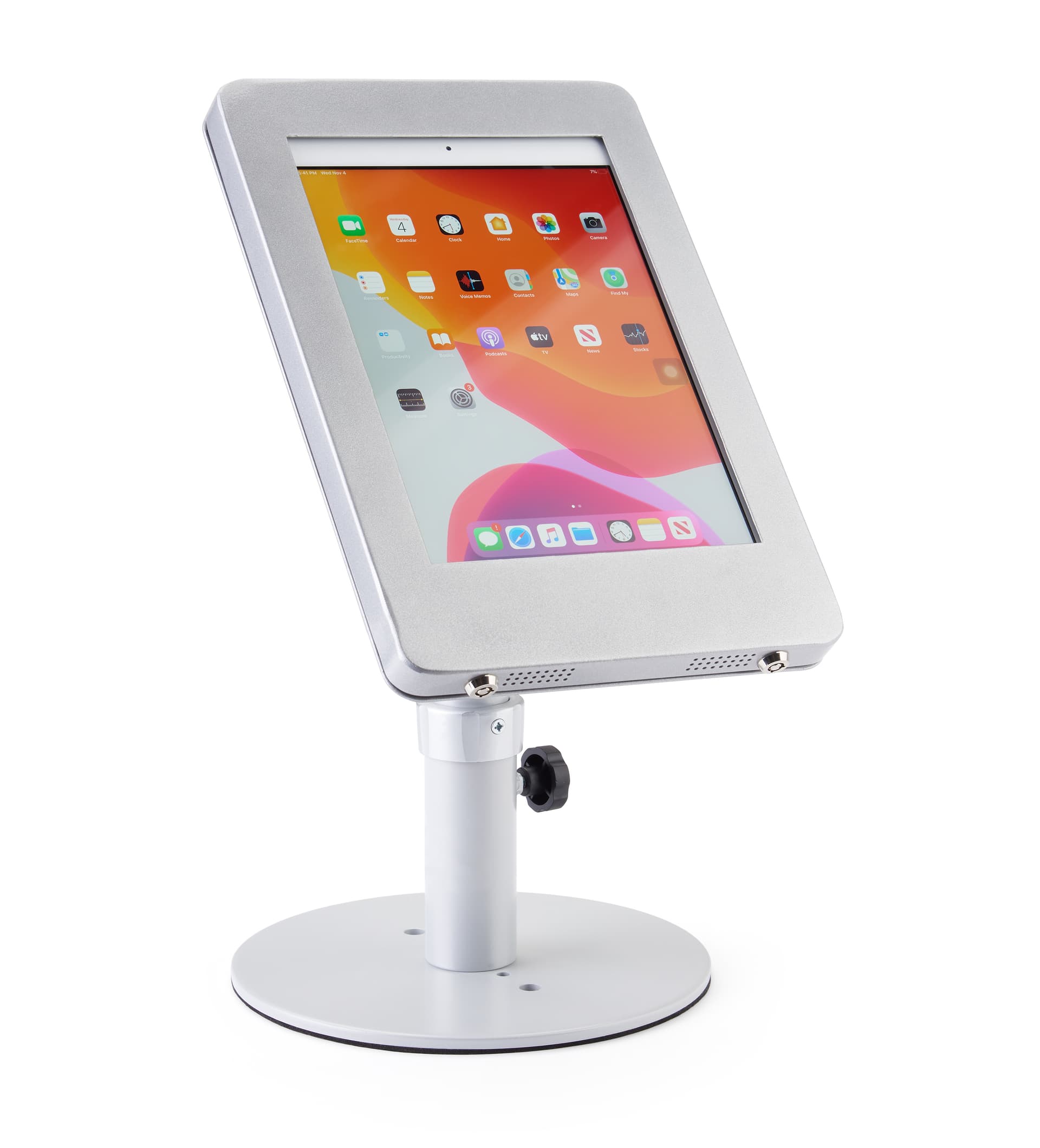 Silver adjustable countertop iPad stand rotates and swivels