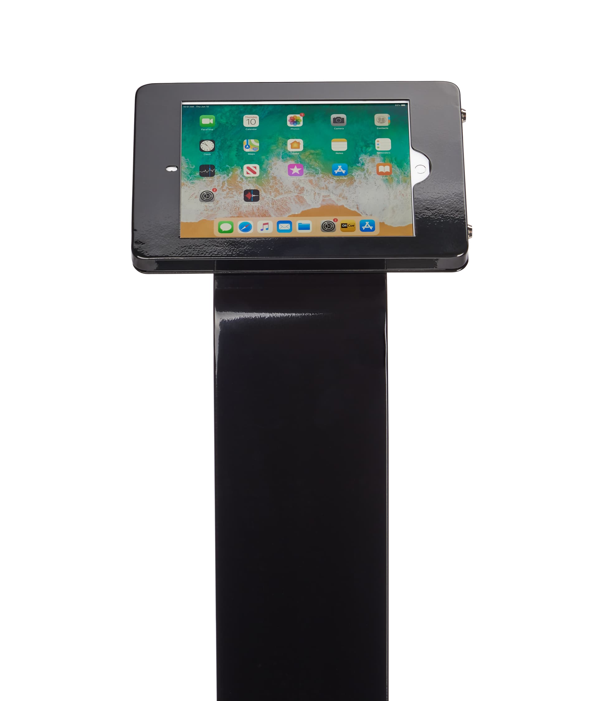 Black locking iPad tablet floor stand with hidden audio port