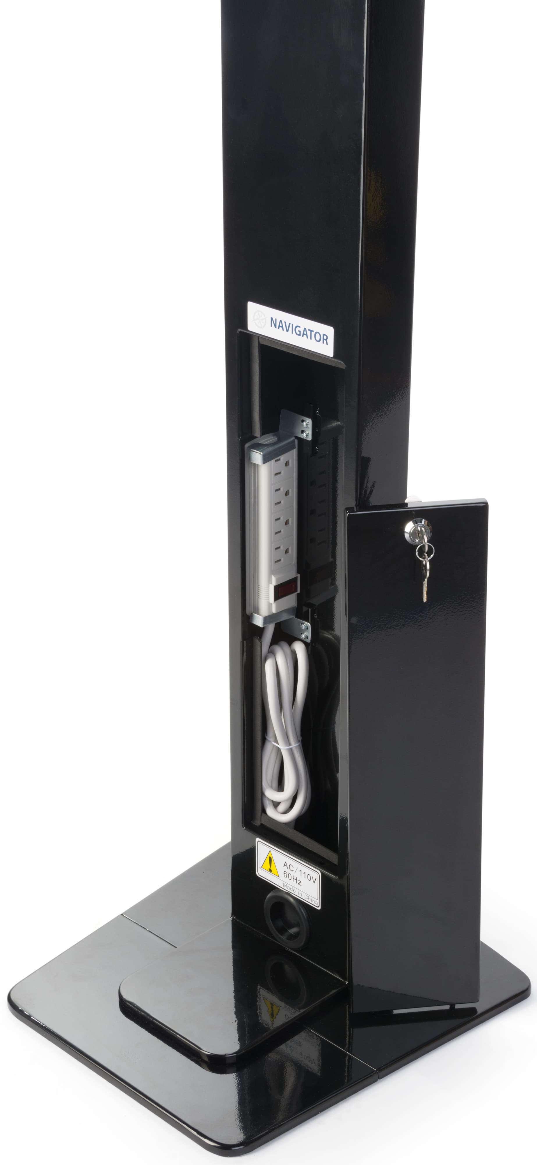 Black locking iPad tablet floor stand with 4 outlet power strip