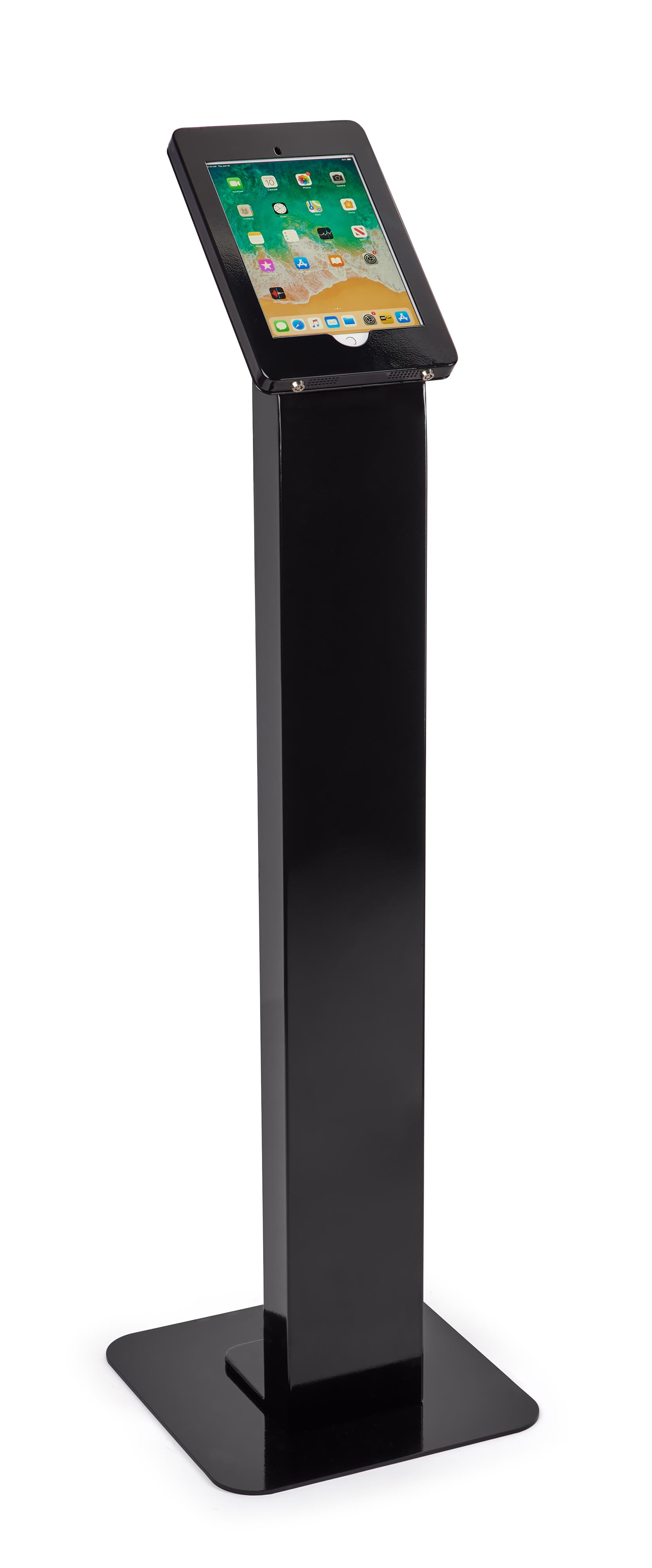 Black locking iPad tablet floor stand with integrated cable channel management 