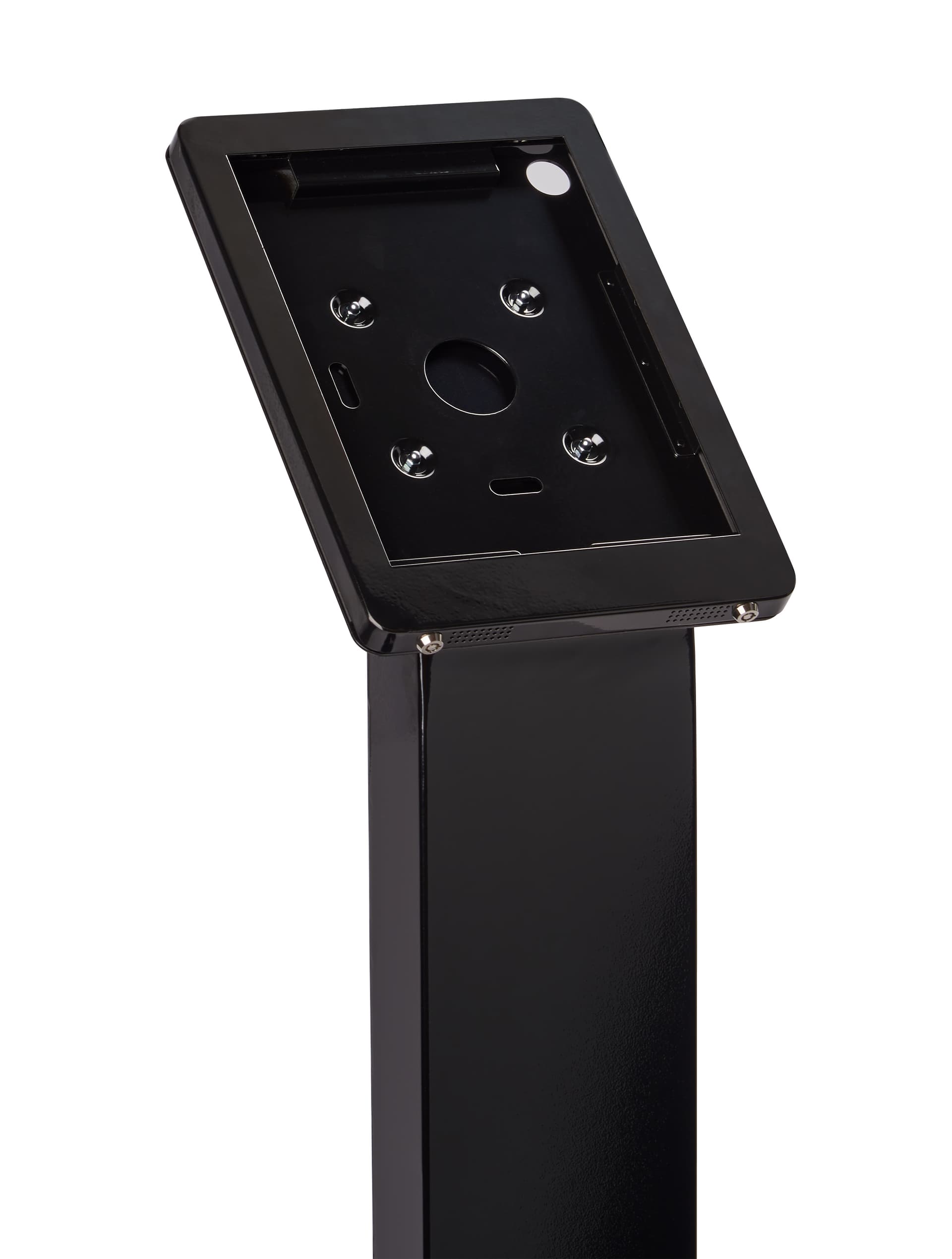 Black rotating standing iPad floor kiosk with dual locking enclosure