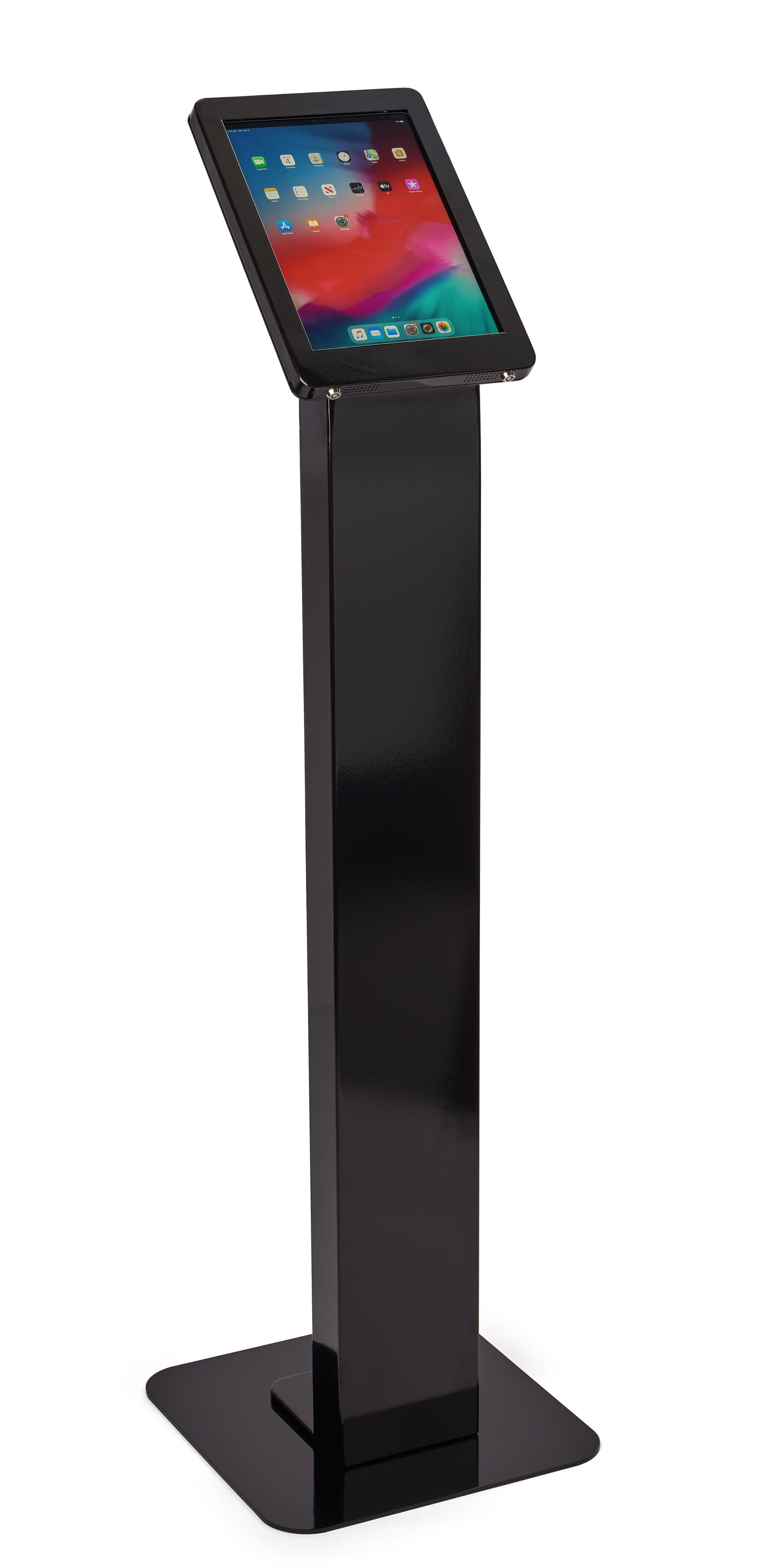 Black rotating standing iPad floor kiosk switches from portrait to landscape mode