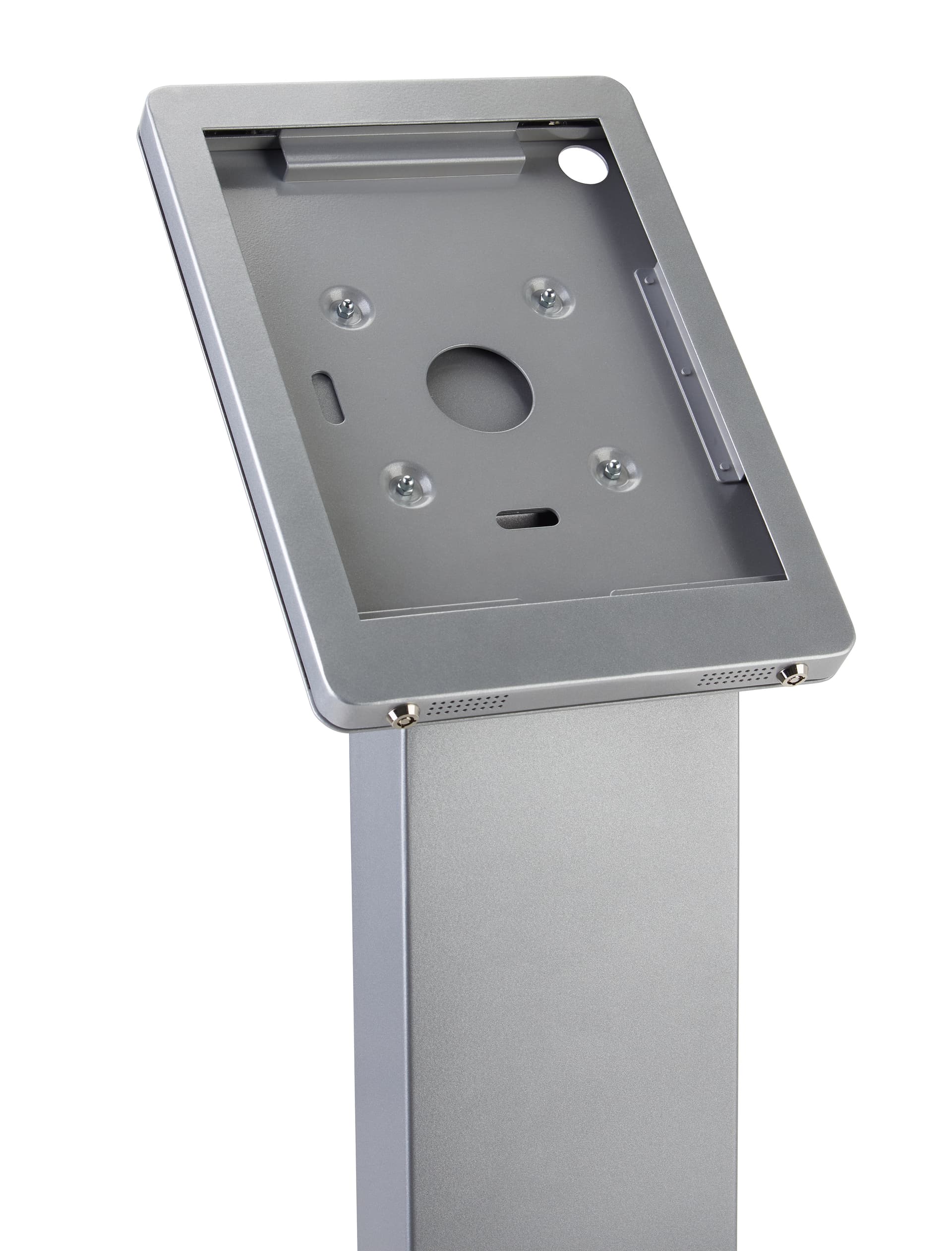 Silver rotating standing iPad floor kiosk rotates to portrait or landscape orientation