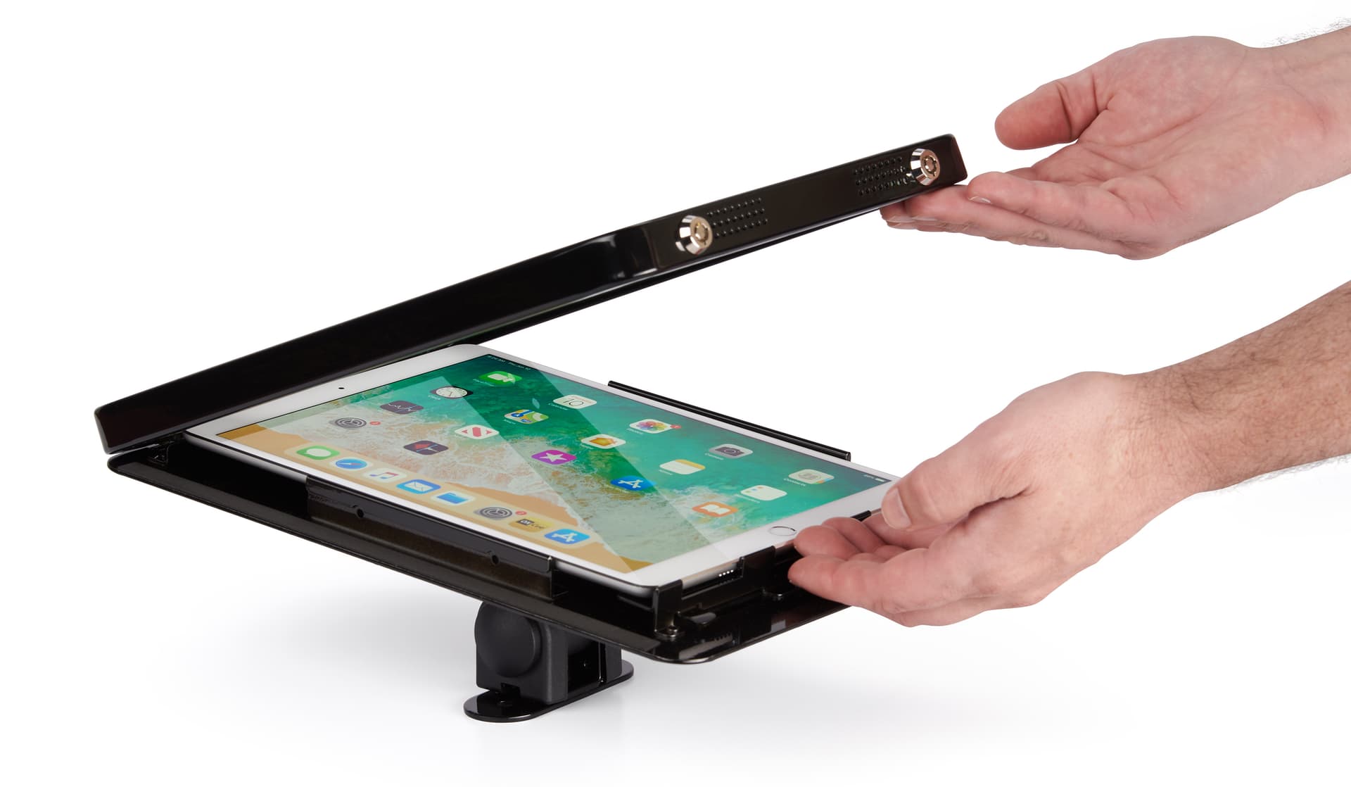 Black locking wall mount iPad enclosure with accessible front and rear camera holes