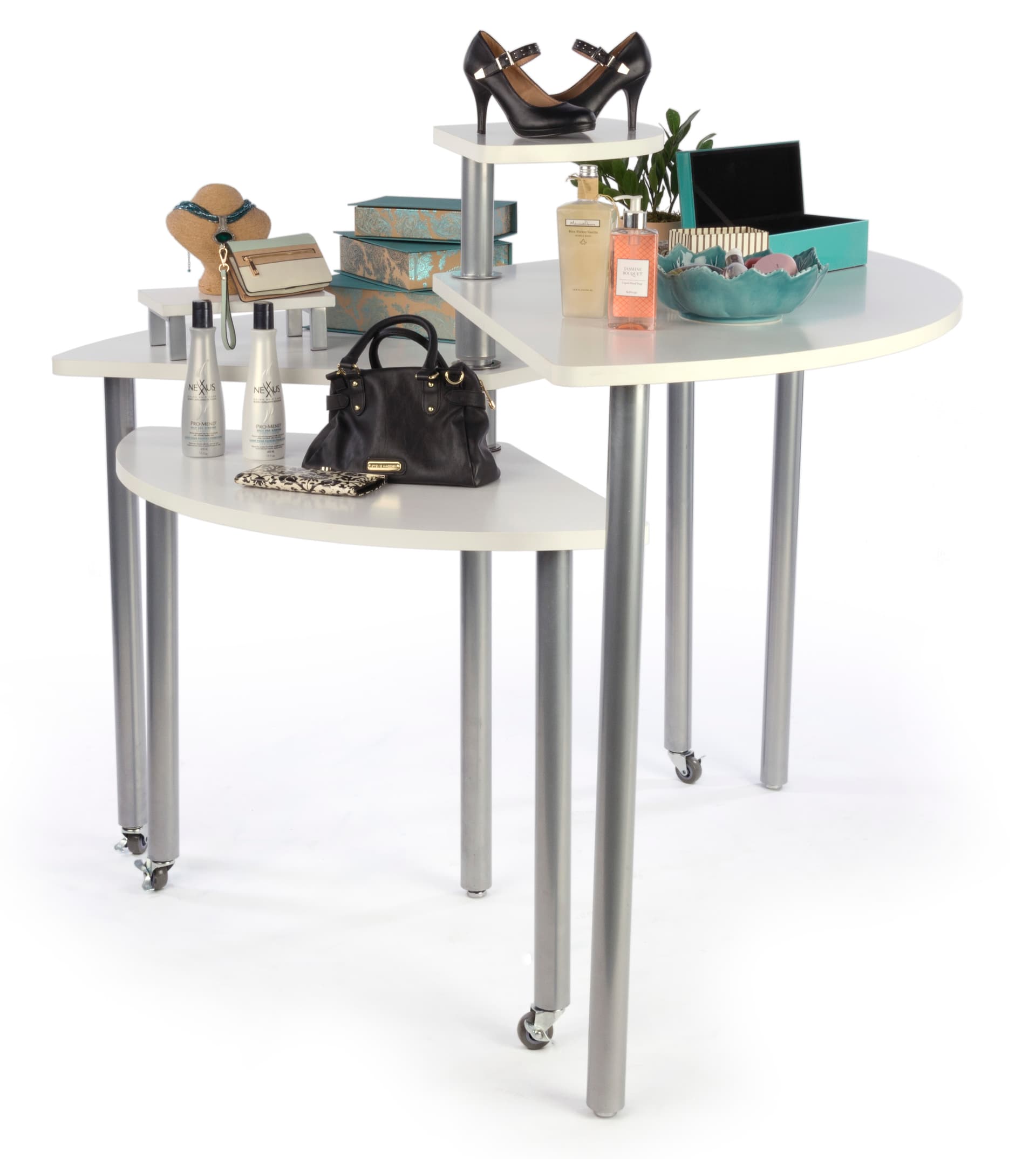 White Rotating Retail Display Table on Wheels