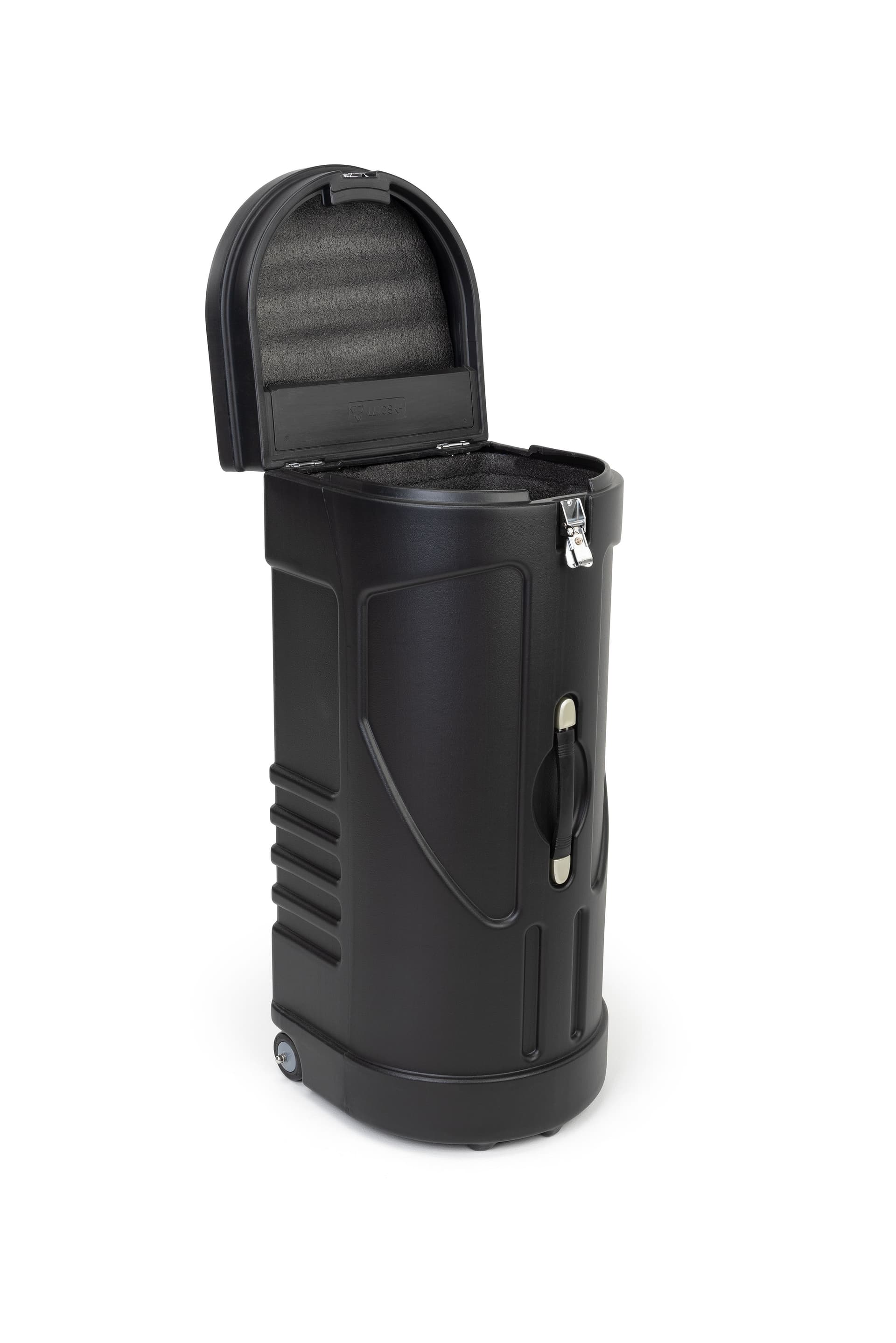 travel case podium stand includes an ultra-strength butterfly latch