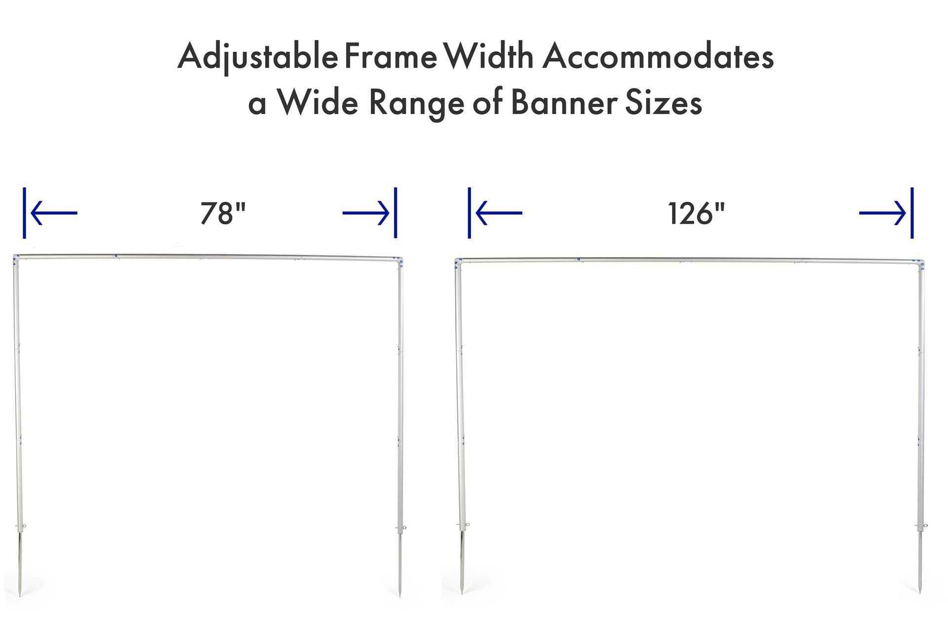 Diagram showing an adjustable banner frame at two different widths. The frame on the left measures 78 inches wide and the frame on the right measures 126 inches wide, illustrating that the frame accommodates a wide range of banner sizes.