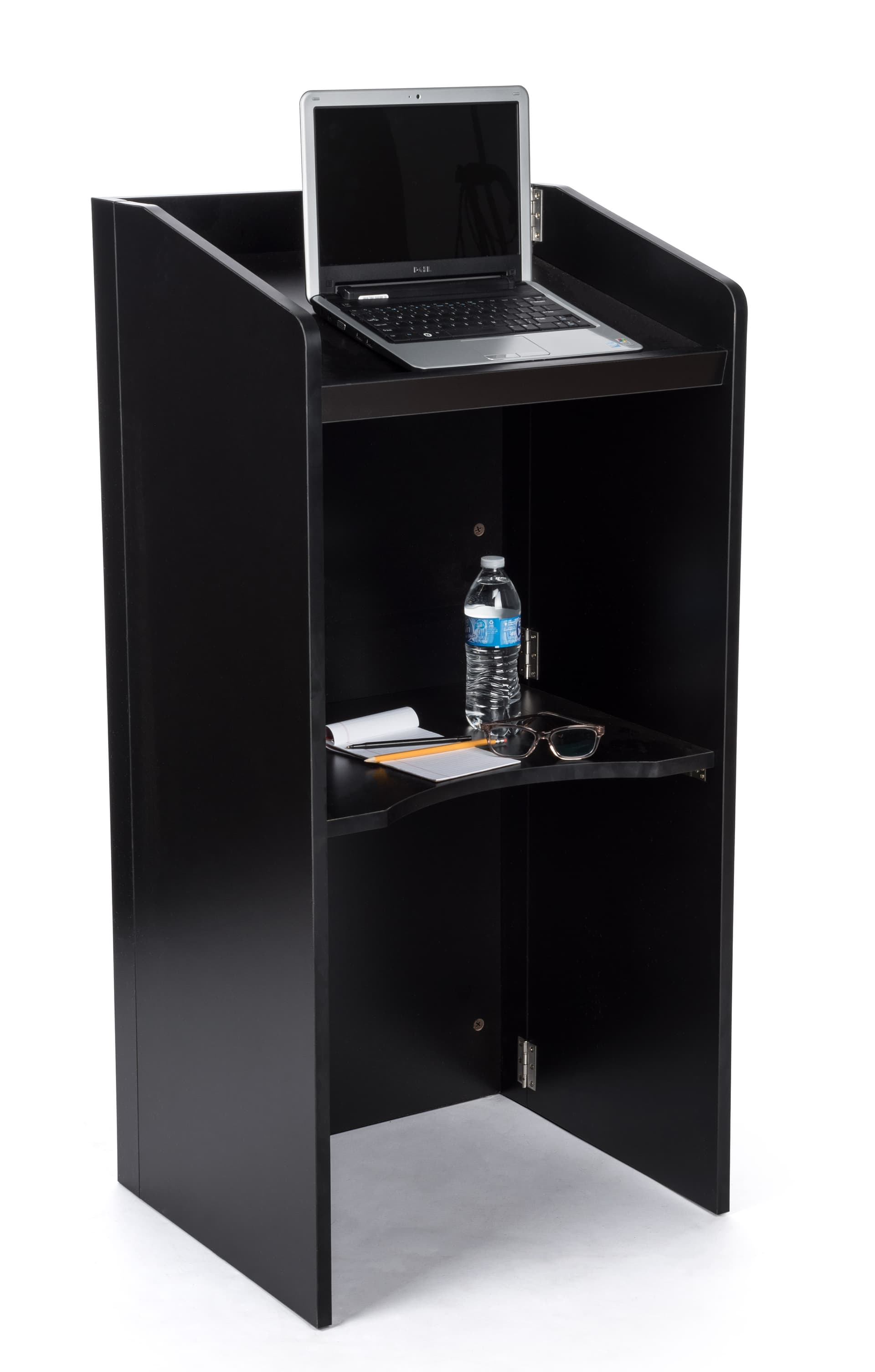 Portable folding podium with storage shelf