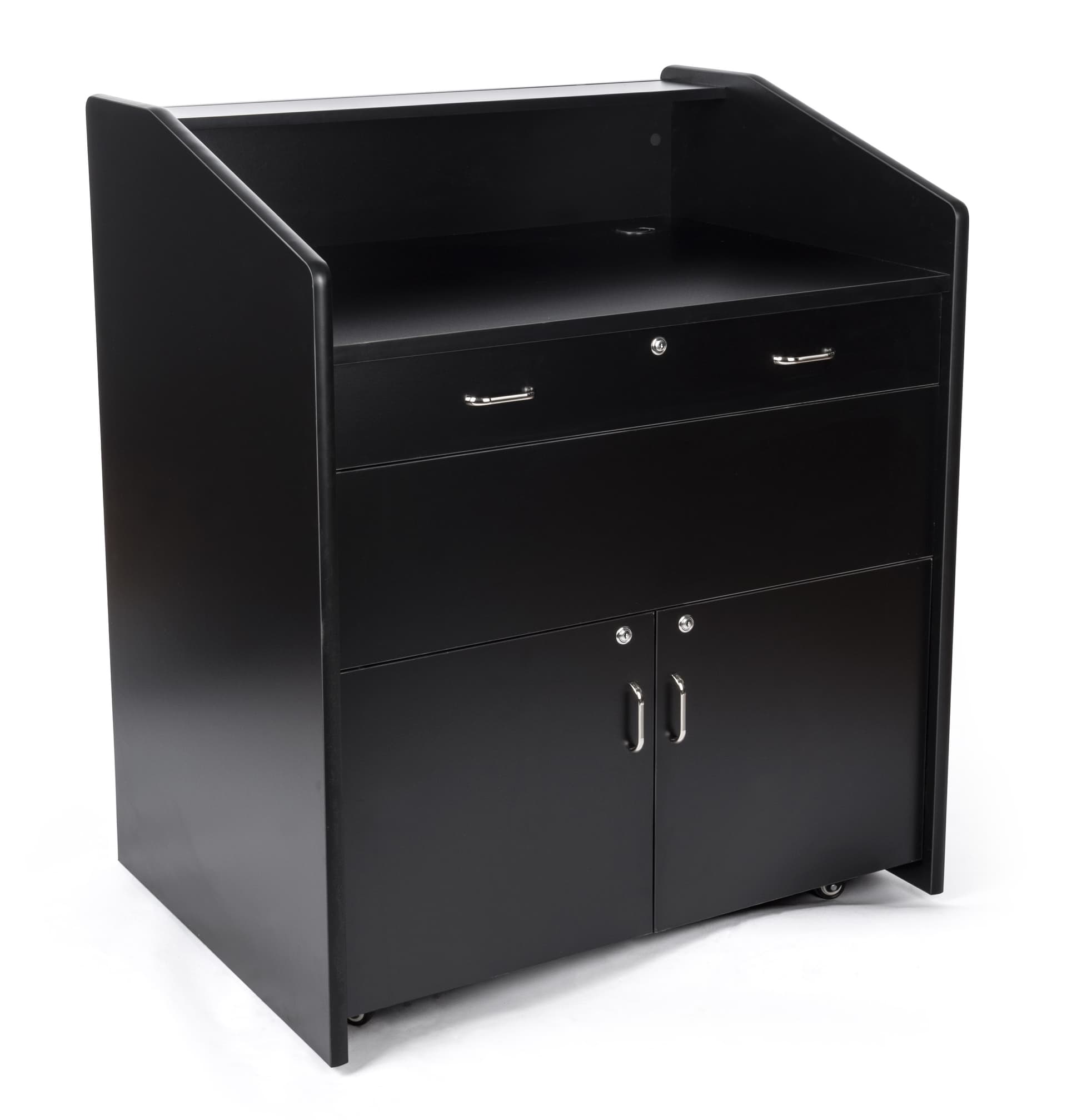 Wide rolling podium with cabinet and locking casters
