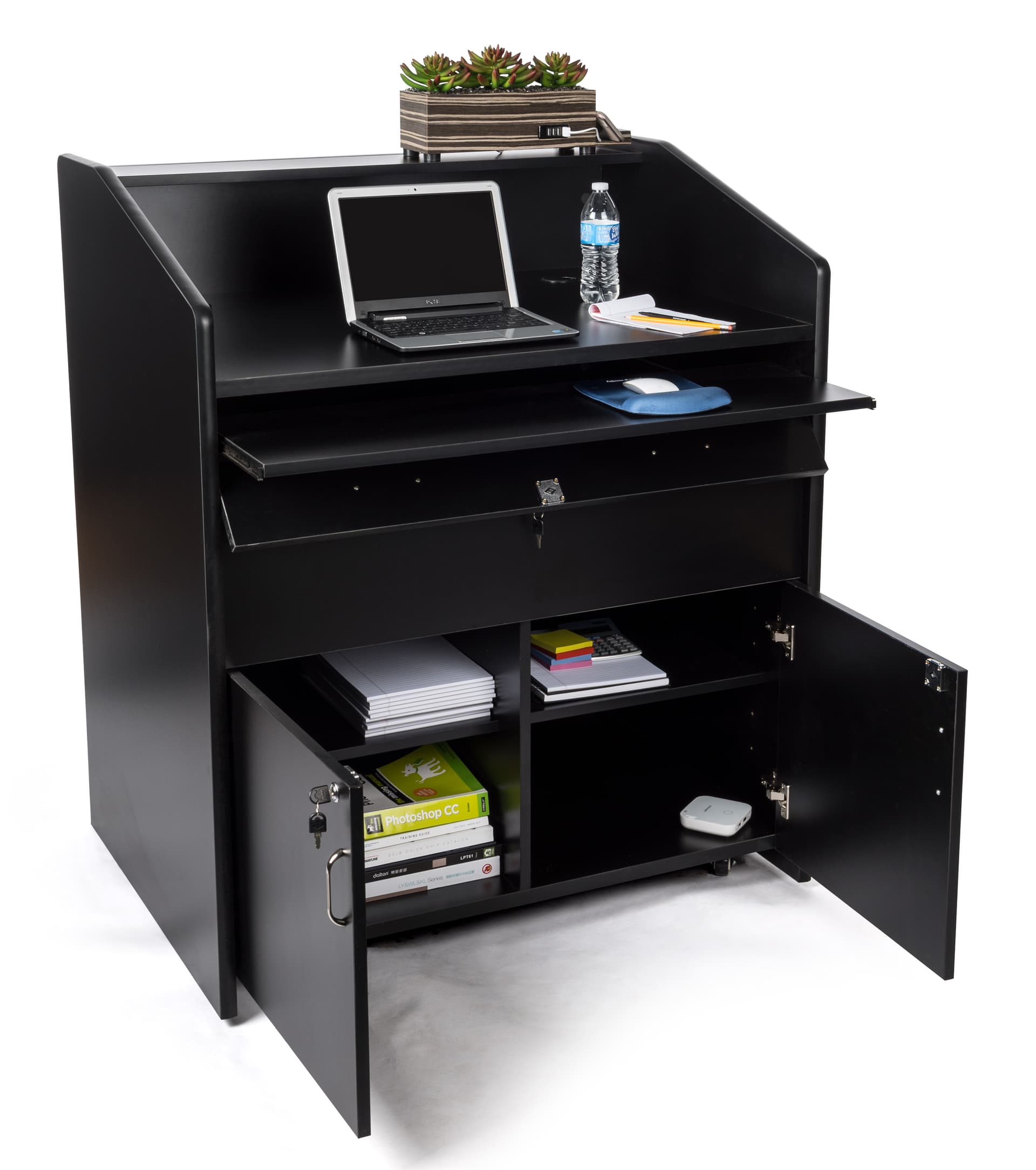 Wide rolling podium with cabinet and adjustable shelves