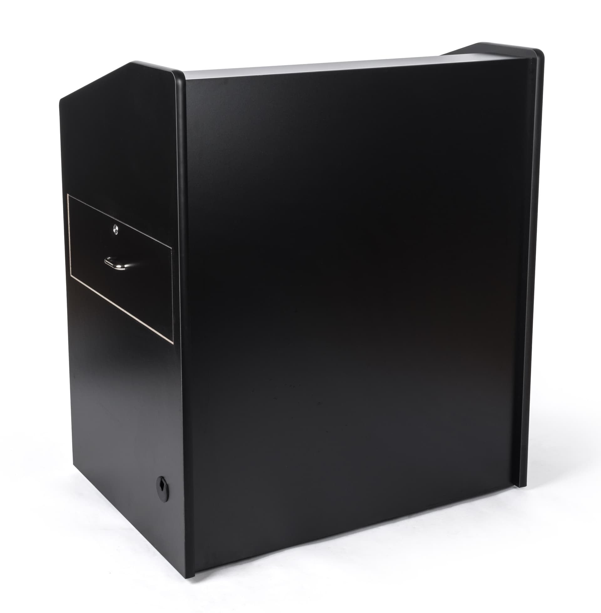 Wide rolling podium with cabinet and wheels