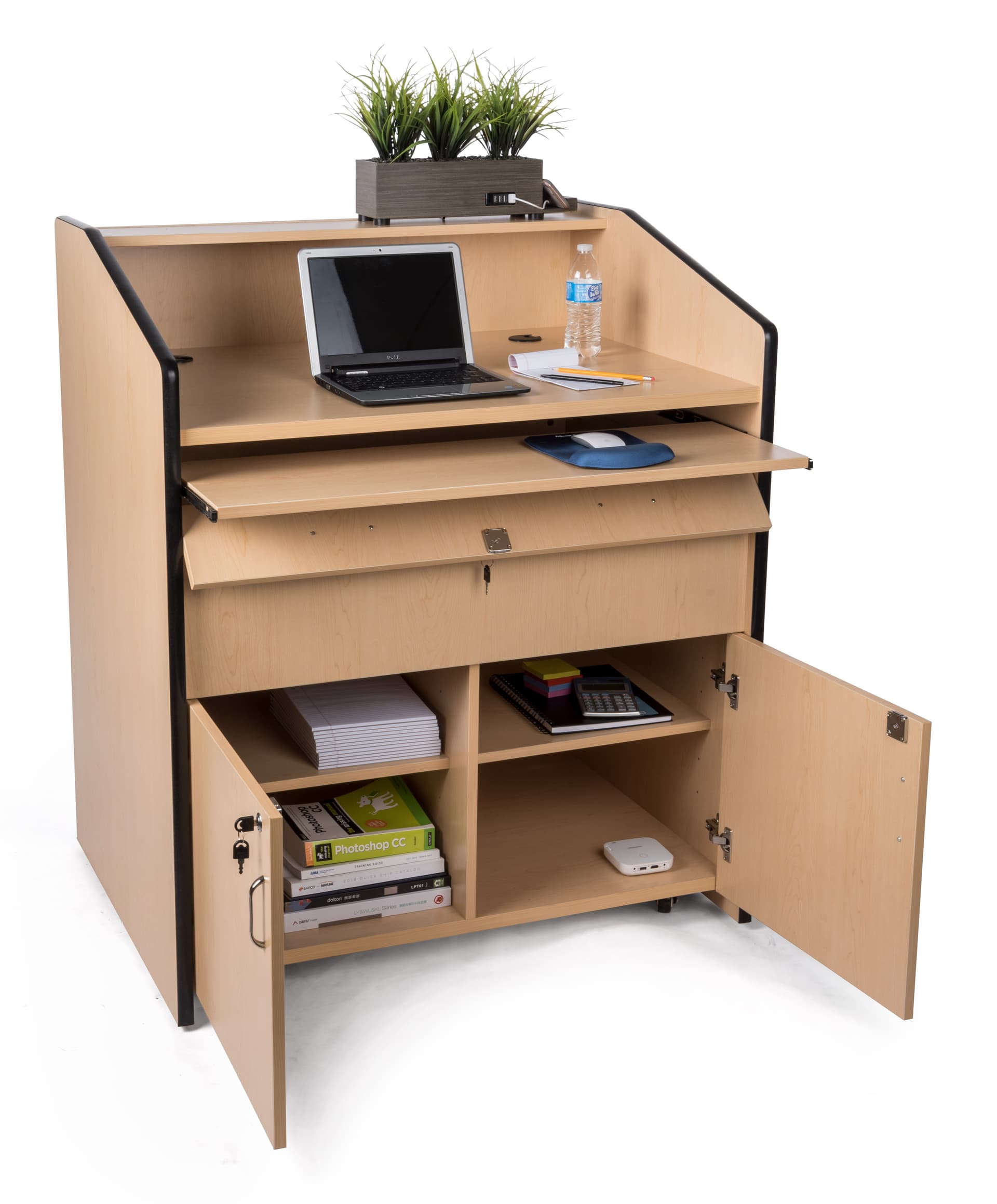 Multimedia podium with locking storage and adjustable shelves