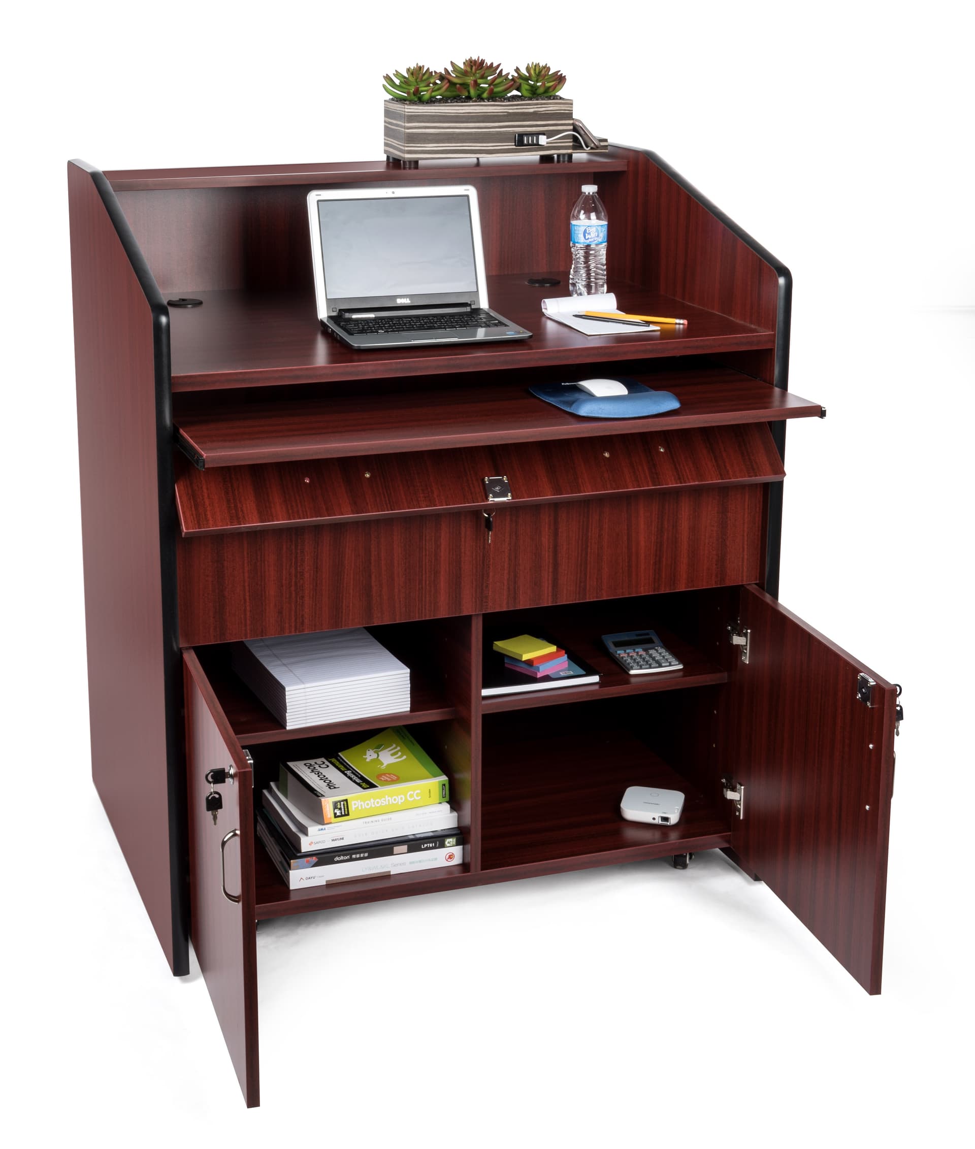 Presentation podium with locking cabinet and adjustable shelves