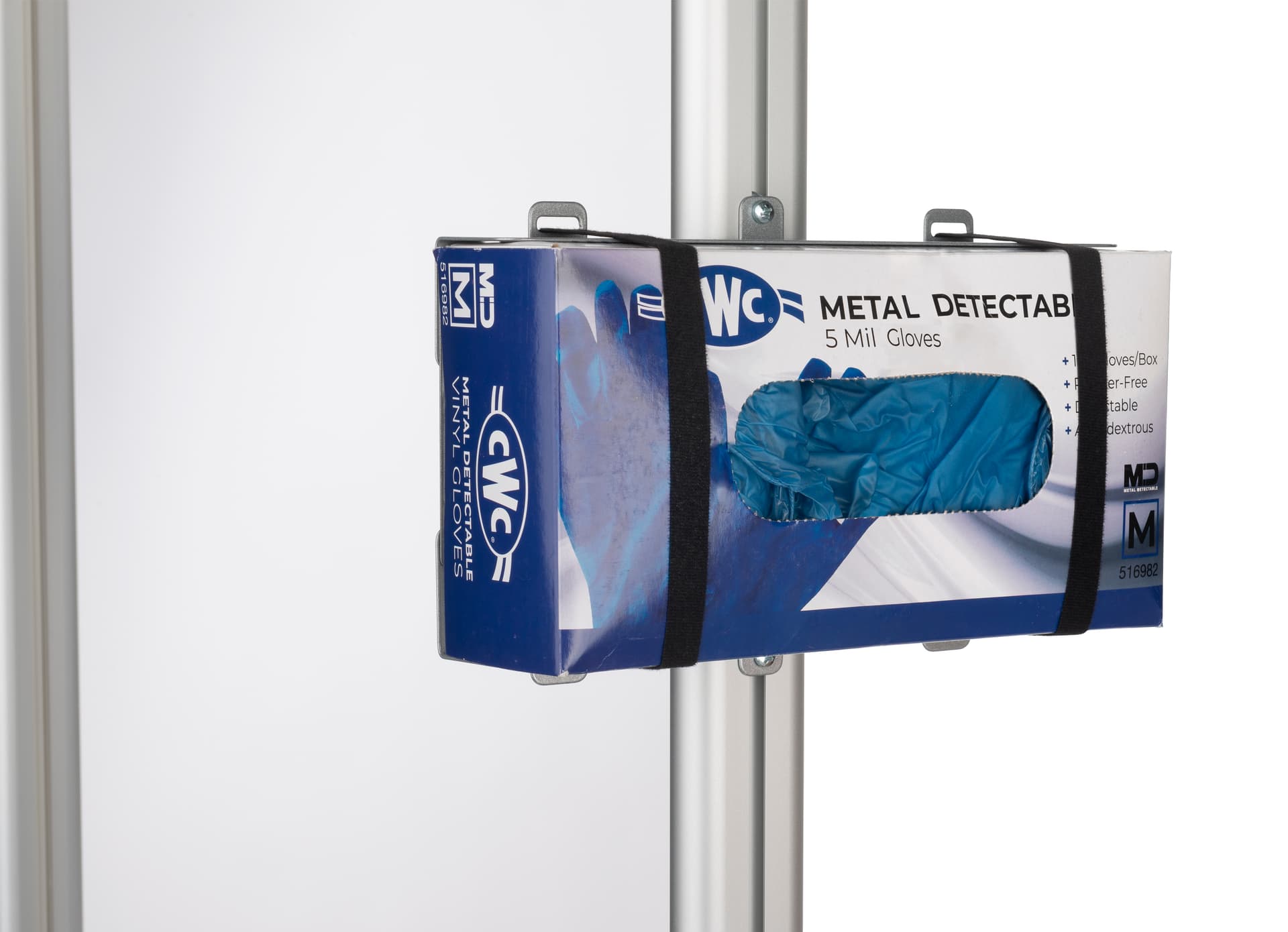 Adjustable PPE box holder for PCSG series holds containers of gloves and masks 