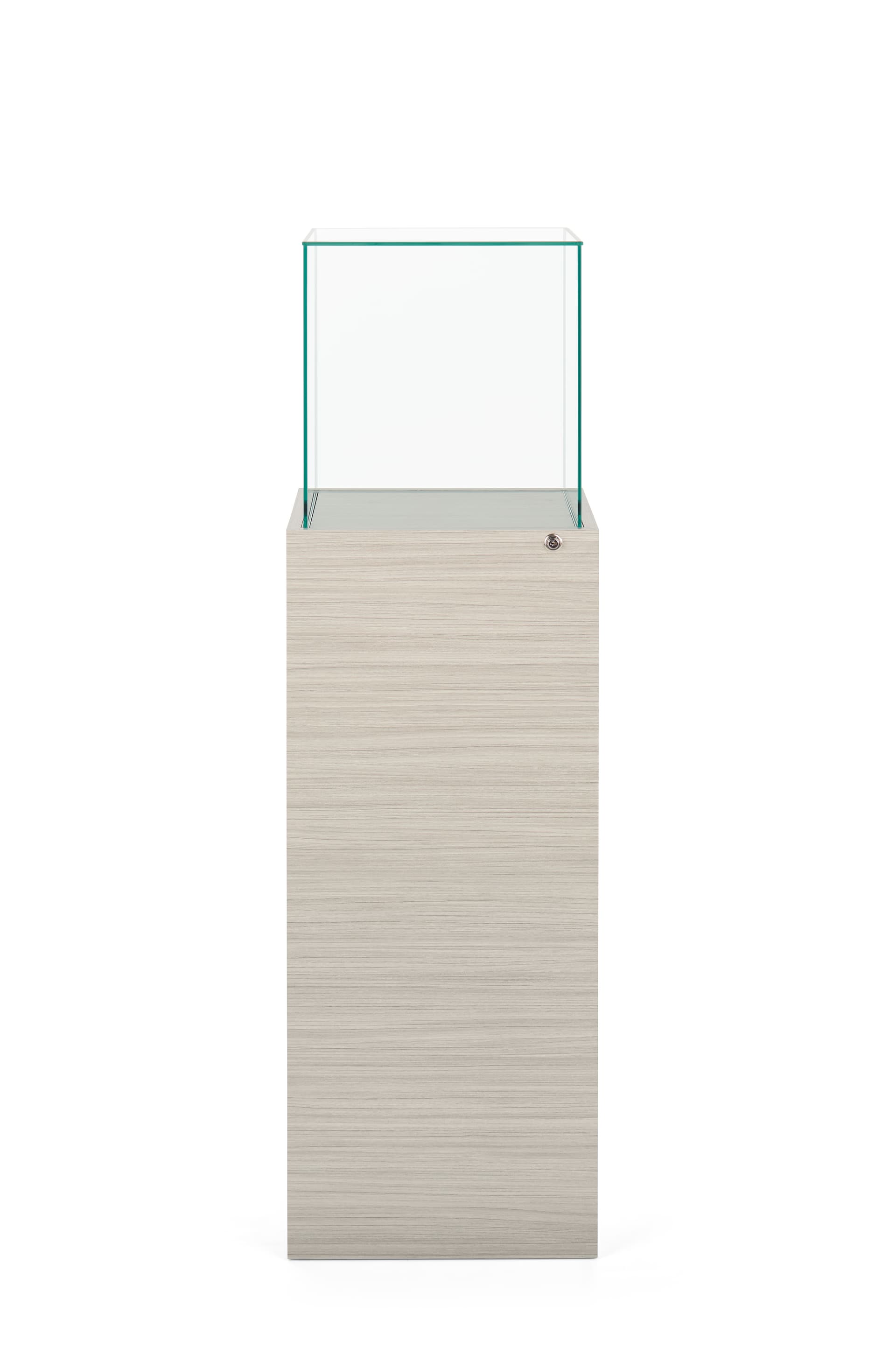 Glass-top pedestal display case with levelers for uneven floors