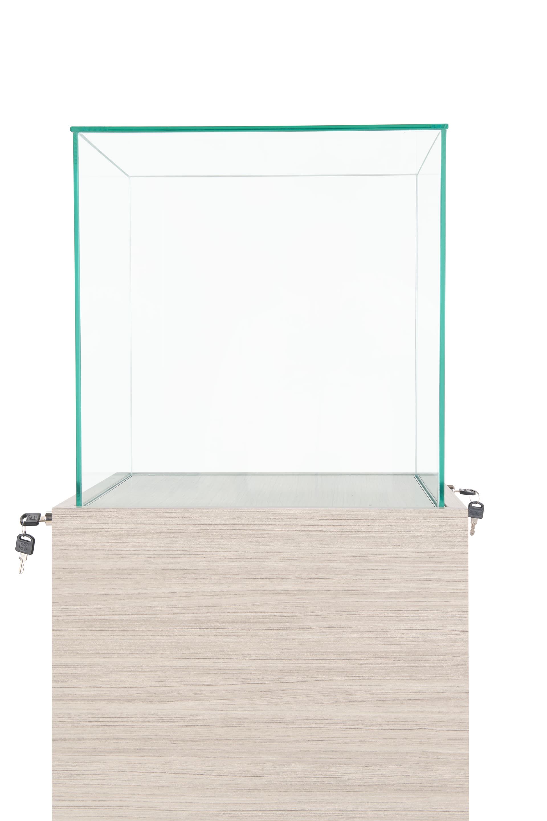 Glass-top pedestal display case with two push locks