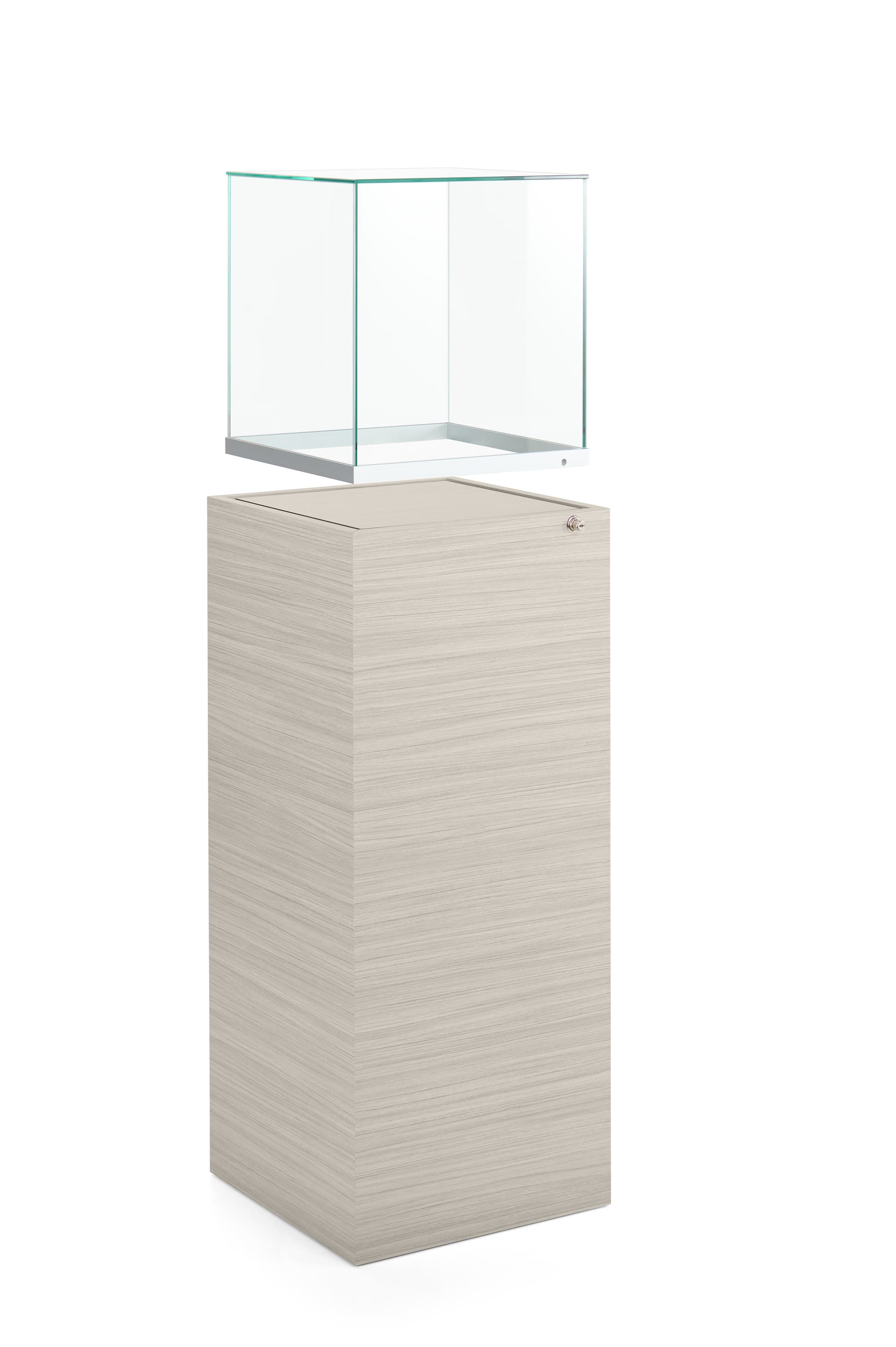 Glass-top pedestal display case with lift off top