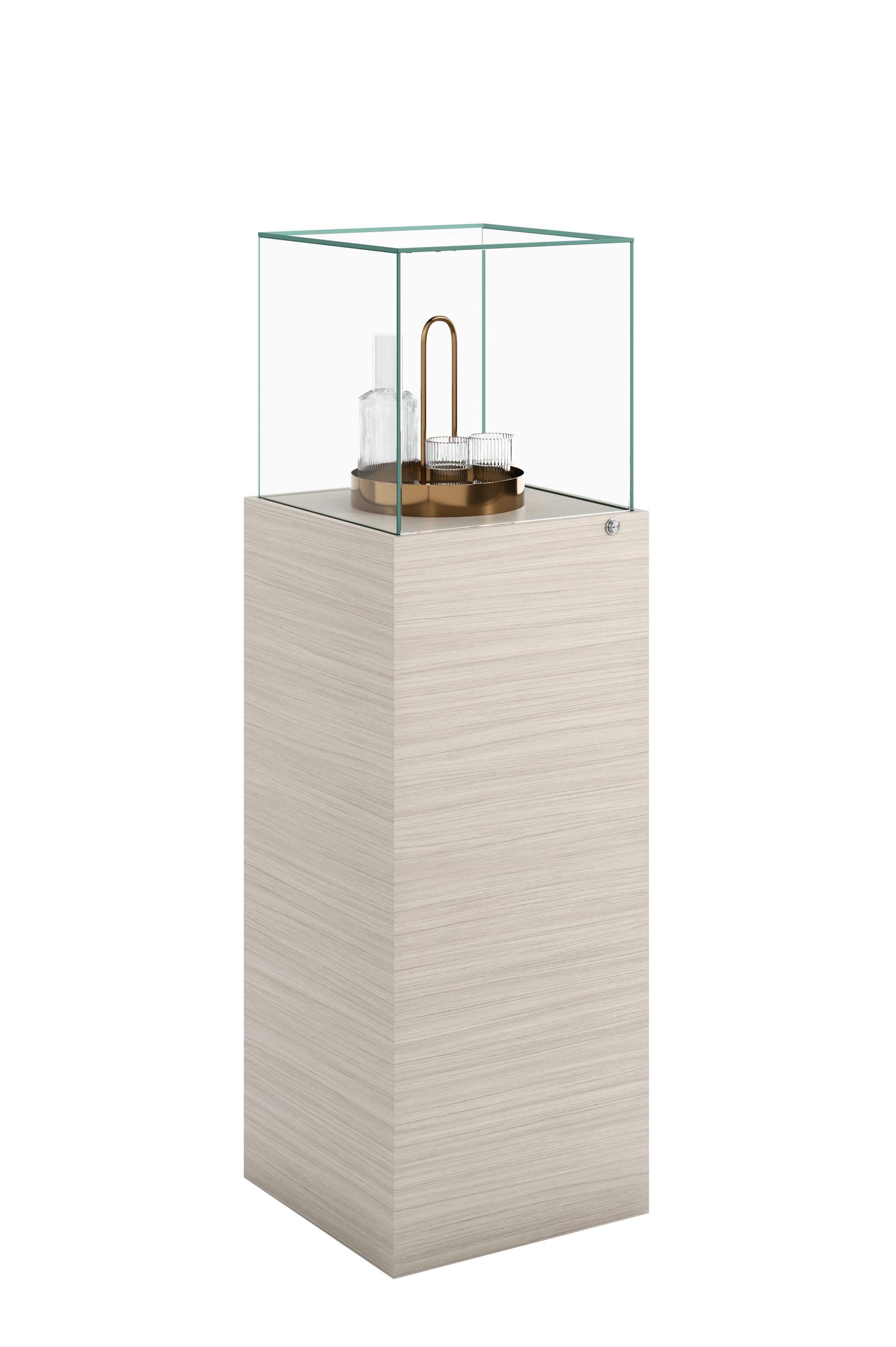 Glass-top pedestal display case with tempered glass
