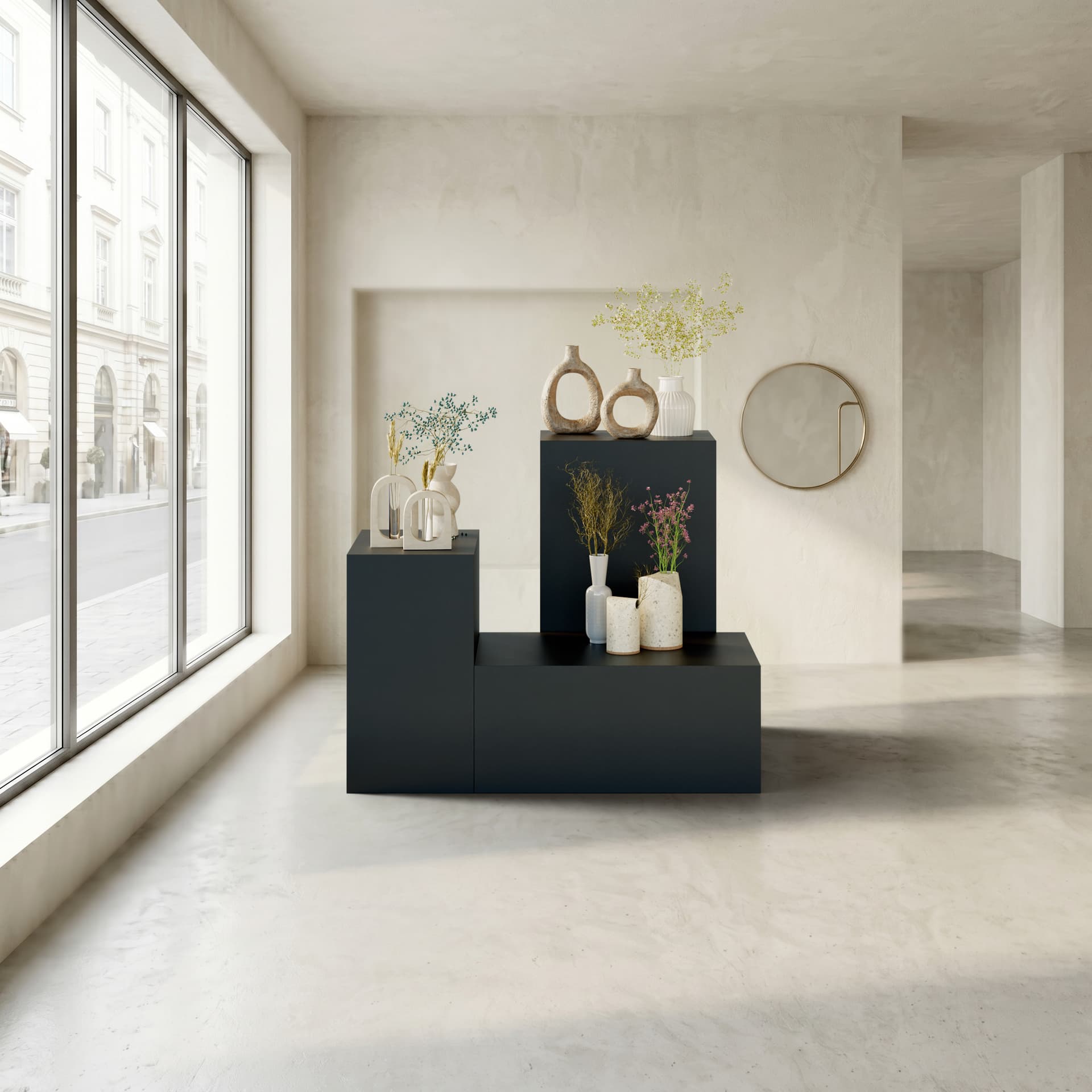 Display pedestal set being utilized in a museum or store front while displaying items
