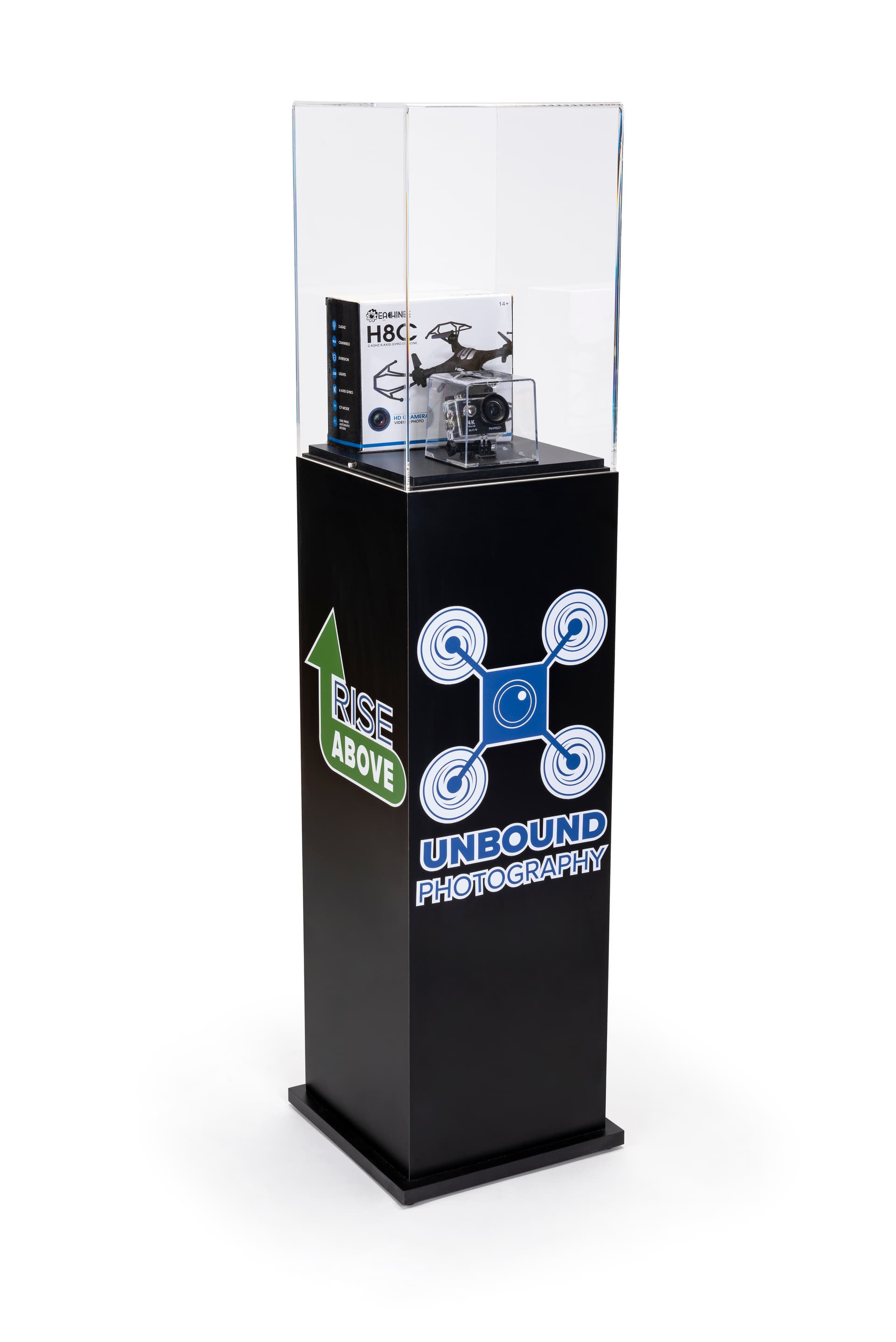 Custom acrylic display pedestal with branded graphics