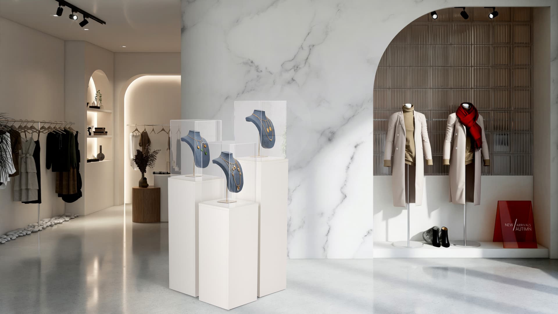 Pedestal display stands in showcasing jewelry in a retail setting