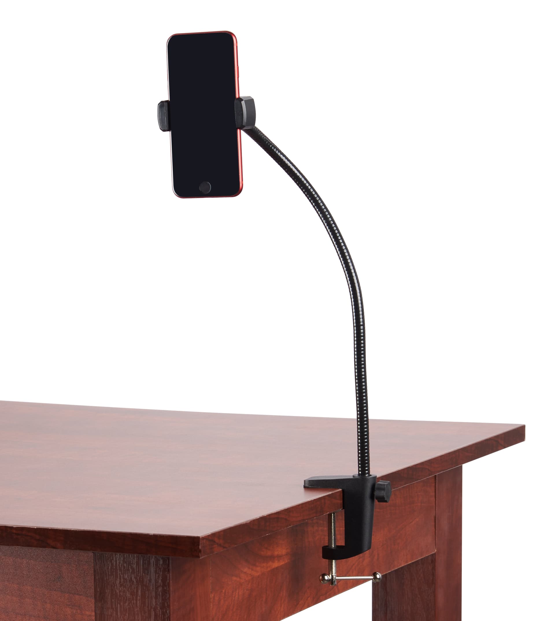Universal gooseneck phone stand with simple clamp on placement style