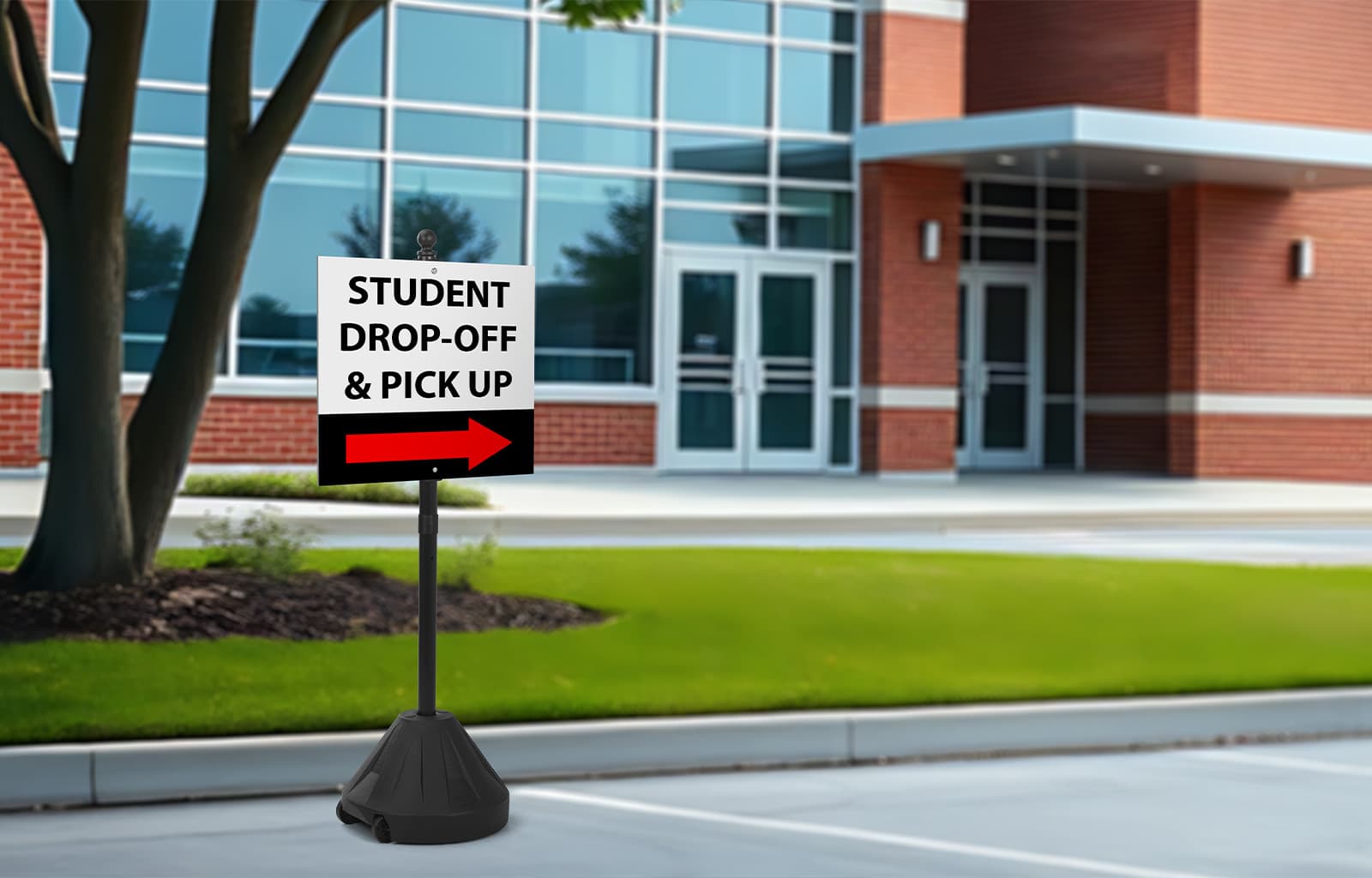 Parking lot sign base shown at school campus with signage
