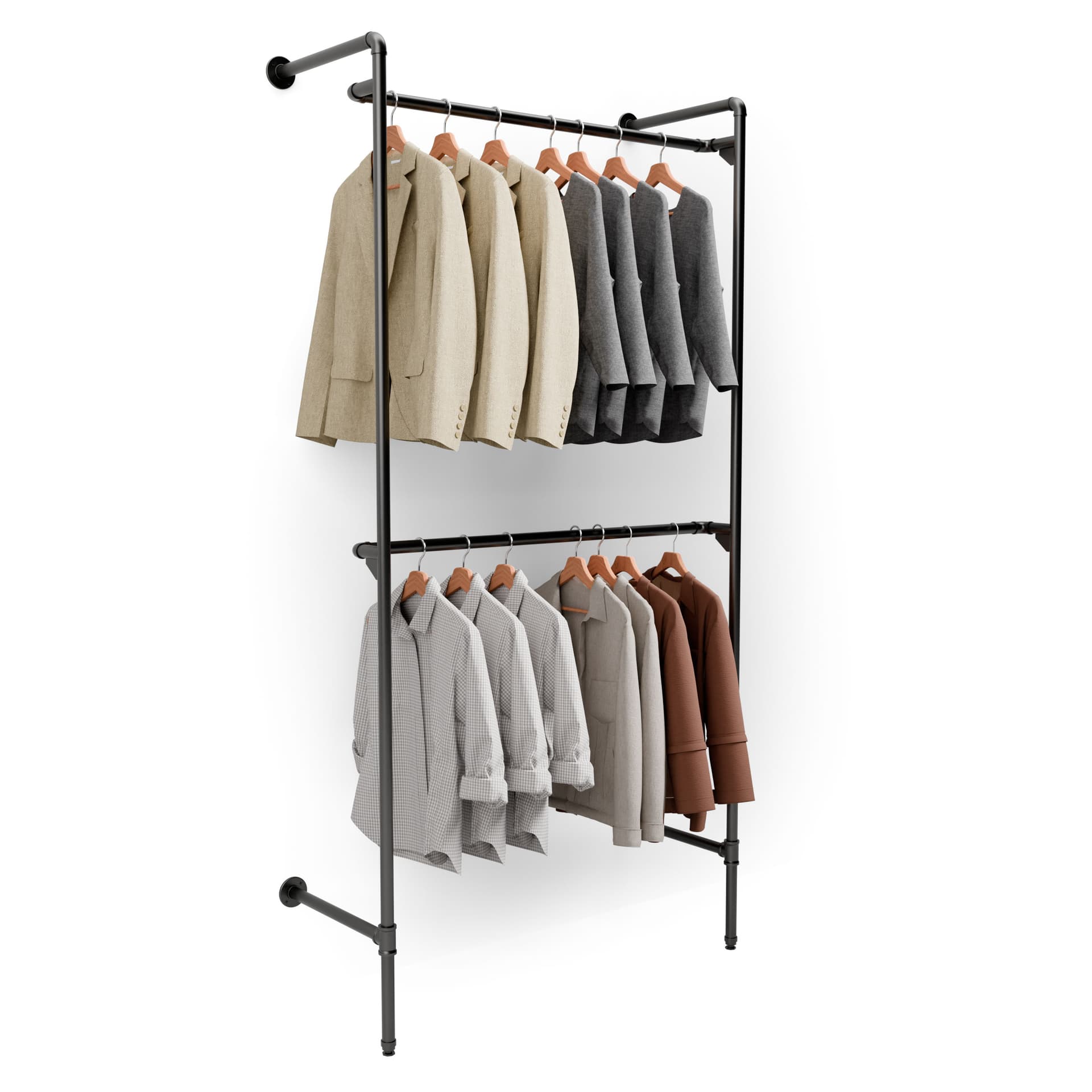 Wall mounted retail clothing racks with outerwear