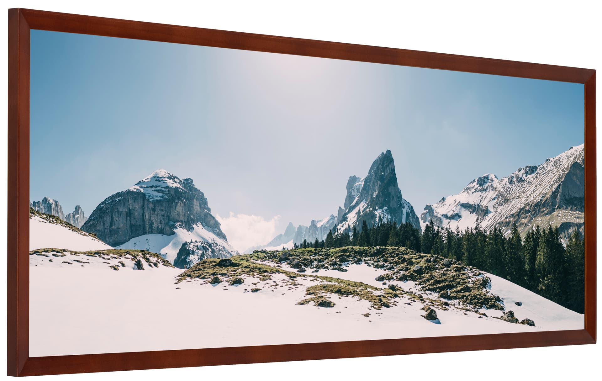 Wooden panoramic photo frame measures 40 inches wide by 13.5 inches tall 