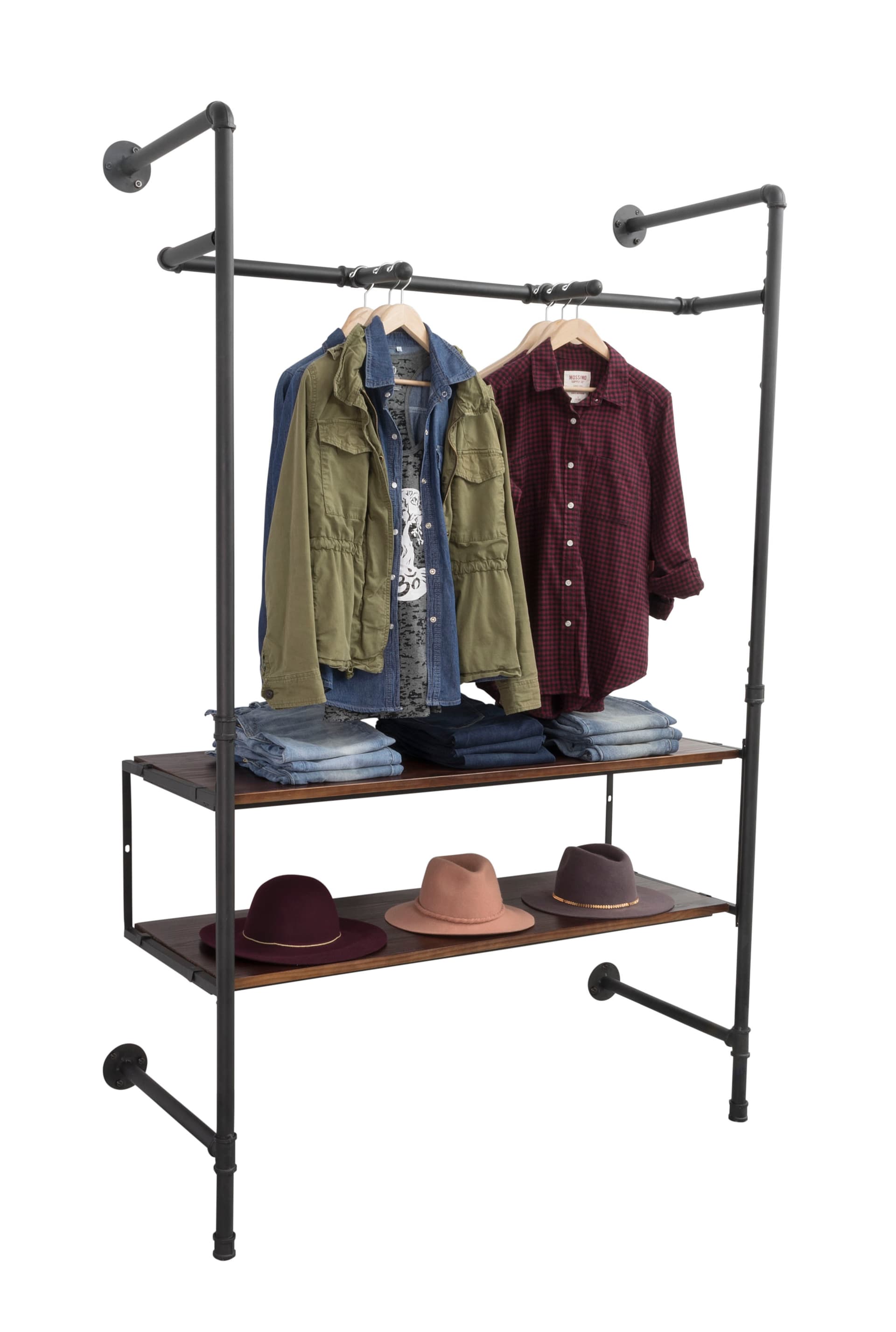 Pipe Outrigger Wall Unit Showcasing Clothes and Hats