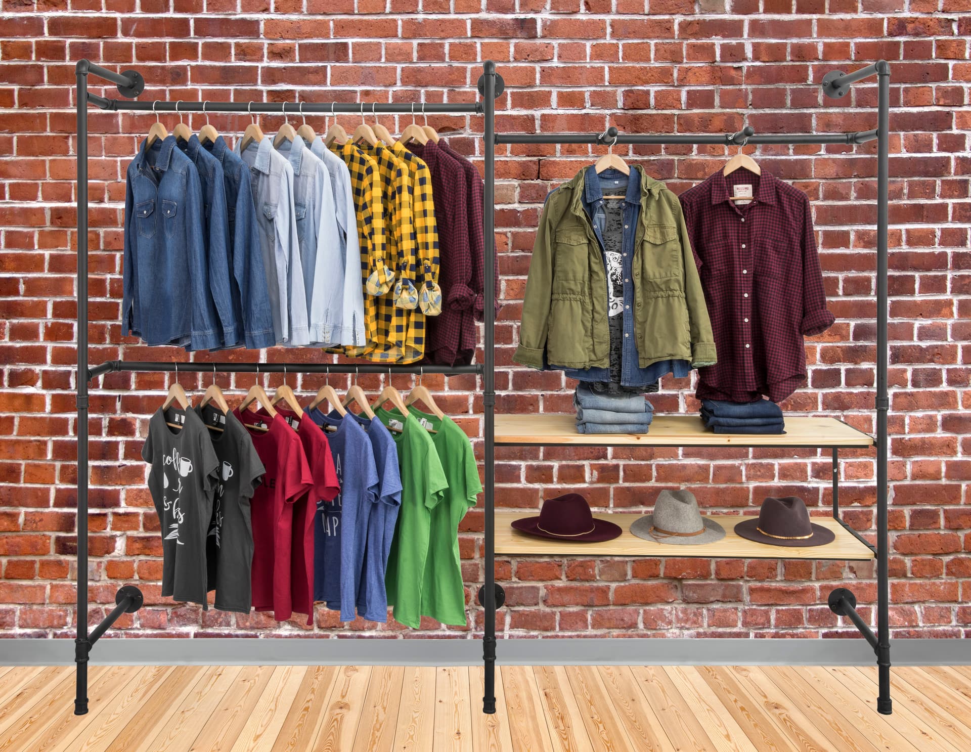 Pipe Outrigger Wall Display with 2 Natural Clothing Shelves