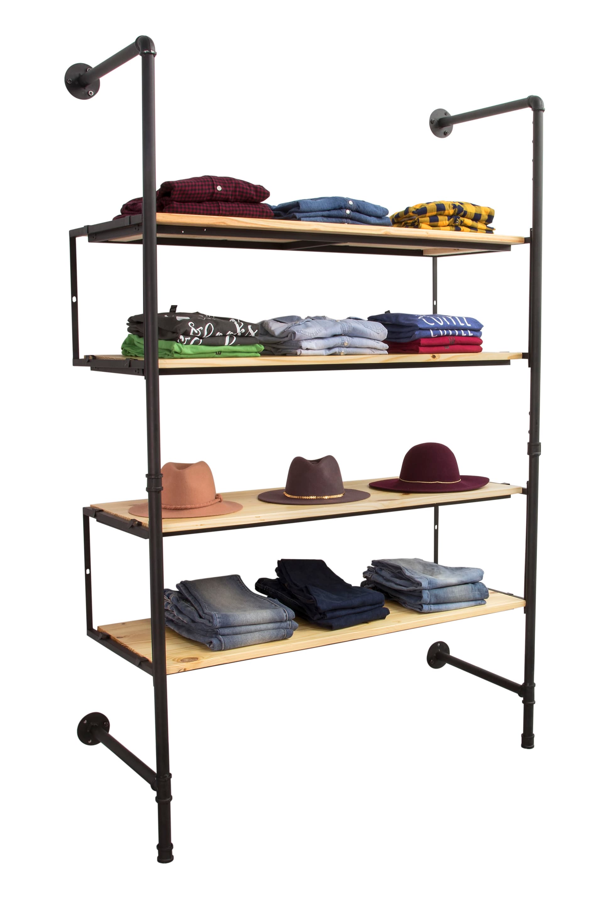 Industrial Pipe Shelving Wall Unit Showcasing Hats and Clothing