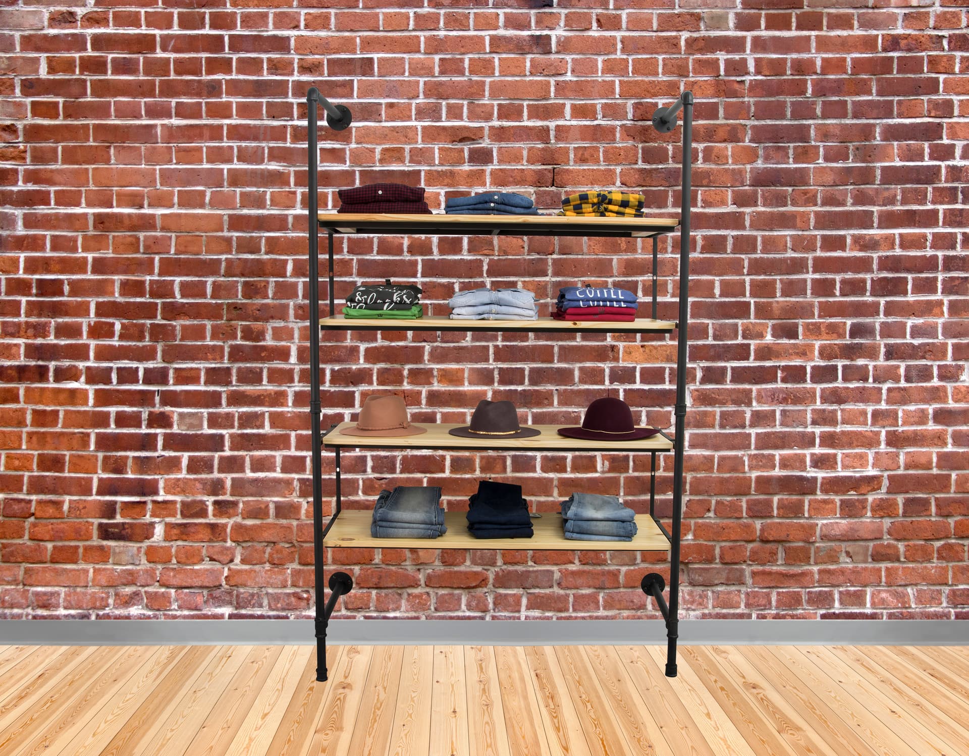 Multi-Tiered Industrial Pipe Shelving Wall Unit