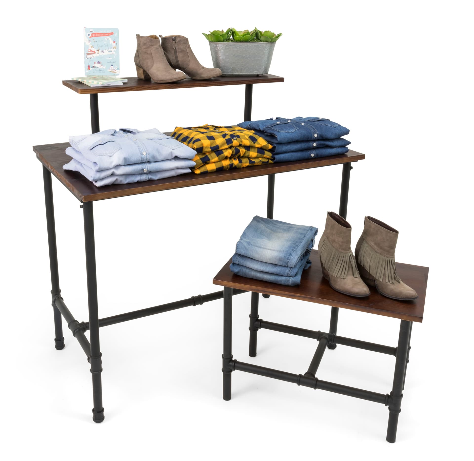 Set of Pipe Display Nesting Tables Showcasing Pants and Shirts